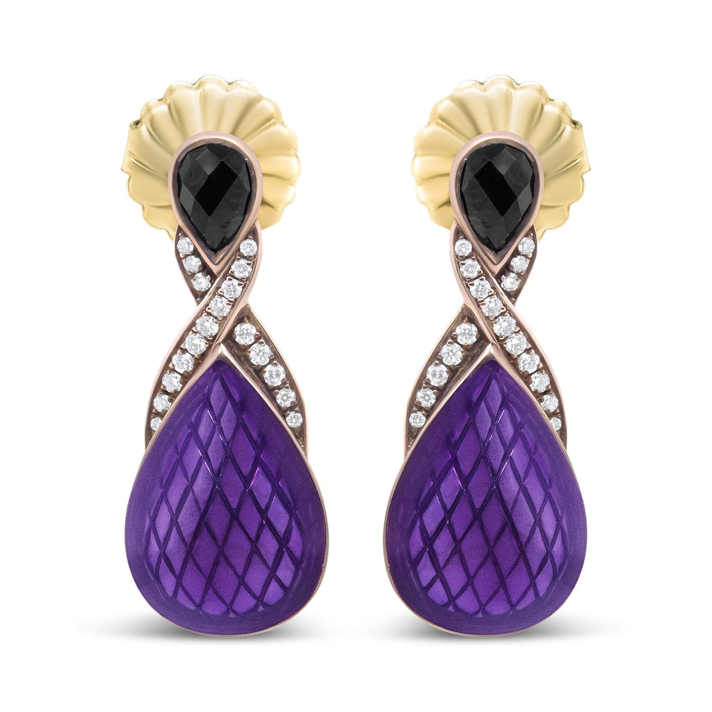 18K Rose Gold Flash Plated .925 Sterling Silver Purple Enamel 1/5 Cttw Round Pave-Set Diamond and 5.5 x 4mm Pear-Shaped Black Onyx Drop Earrings (F-G Color, VS1-VS2 Clarity) - Friggin Jewelry