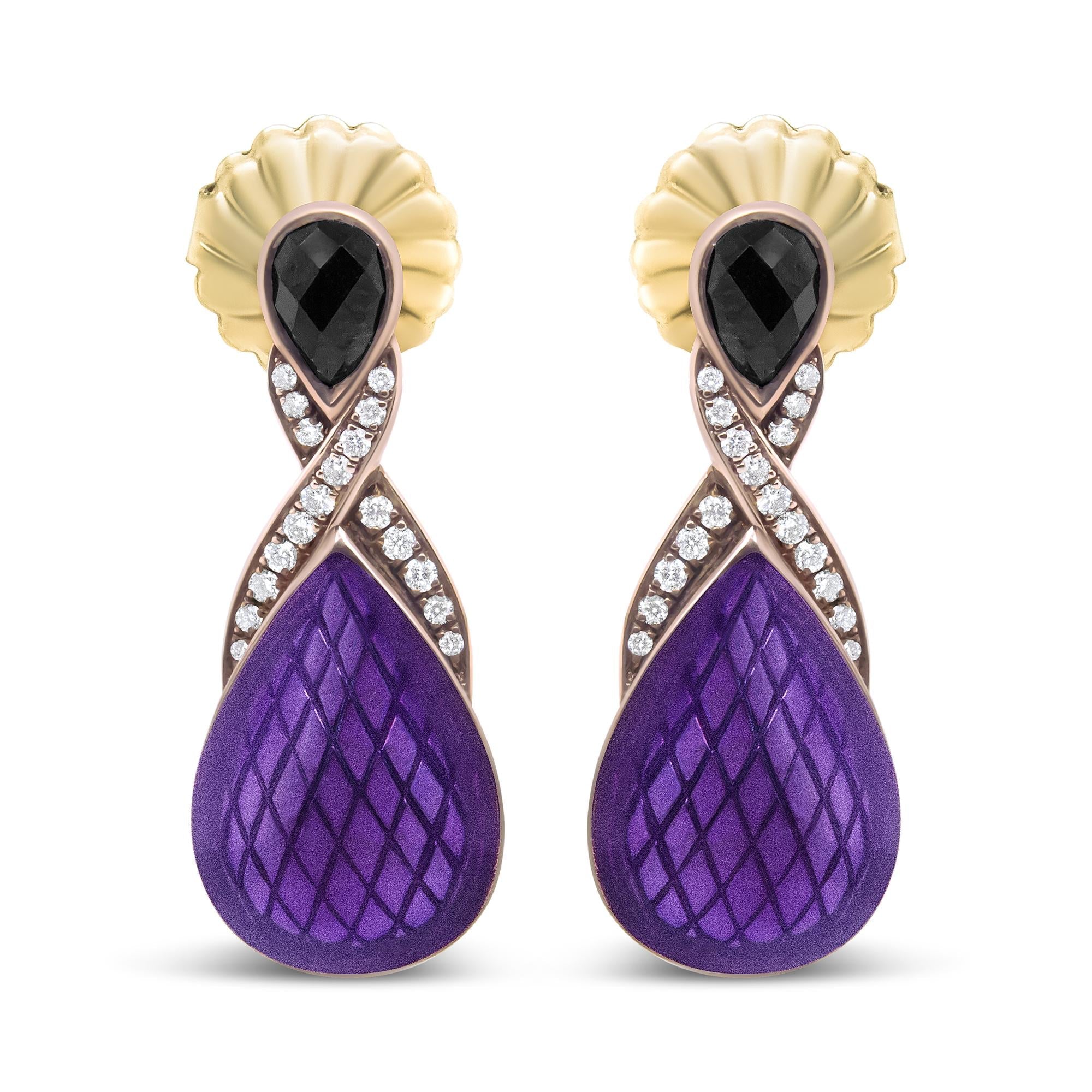 18K Rose Gold Flash Plated .925 Sterling Silver Purple Enamel 1/5 Cttw Round Pave-Set Diamond and 5.5 x 4mm Pear-Shaped Black Onyx Drop Earrings (F-G Color, VS1-VS2 Clarity) - Friggin Jewelry