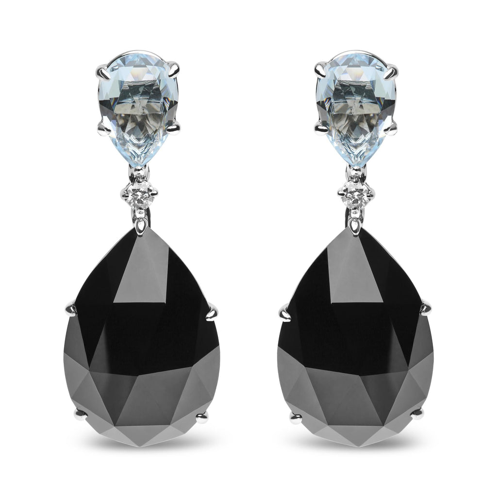 Orecchino pendente in oro bianco 18 carati con diamante da 1/5 ct, topazio azzurro cielo taglio a pera e onice nero taglio a pera (colore GH, purezza SI1-SI2) - Friggin Jewelry