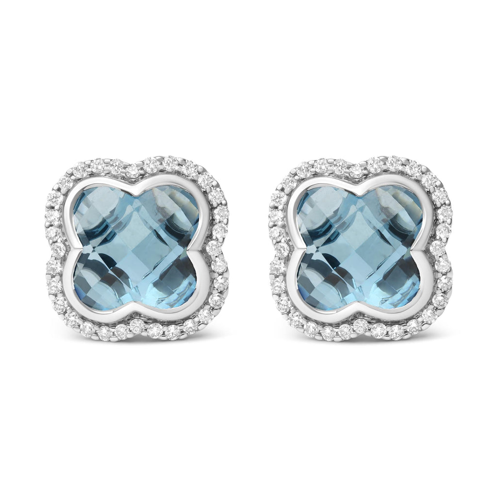 18K White Gold 3/8 Cttw Diamond and 11x11mm Clover-Cut London Blue Topaz Gemstone Halo Clover Stud Earrings (G-H Color, SI1-SI2 Clarity) - Friggin Jewelry Premium