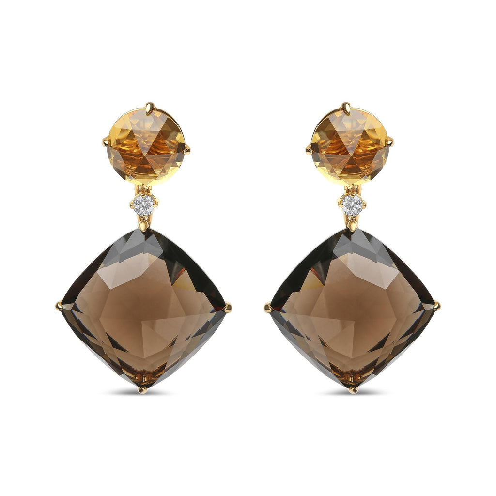 18K Yellow Gold 1/5 Cttw Diamond with Round Yellow Citrine and 25mm Cushion Cut Smoky Quartz Gemstone Dangle Earring (G-H Color, SI1-SI2 Clarity) - Friggin Jewelry