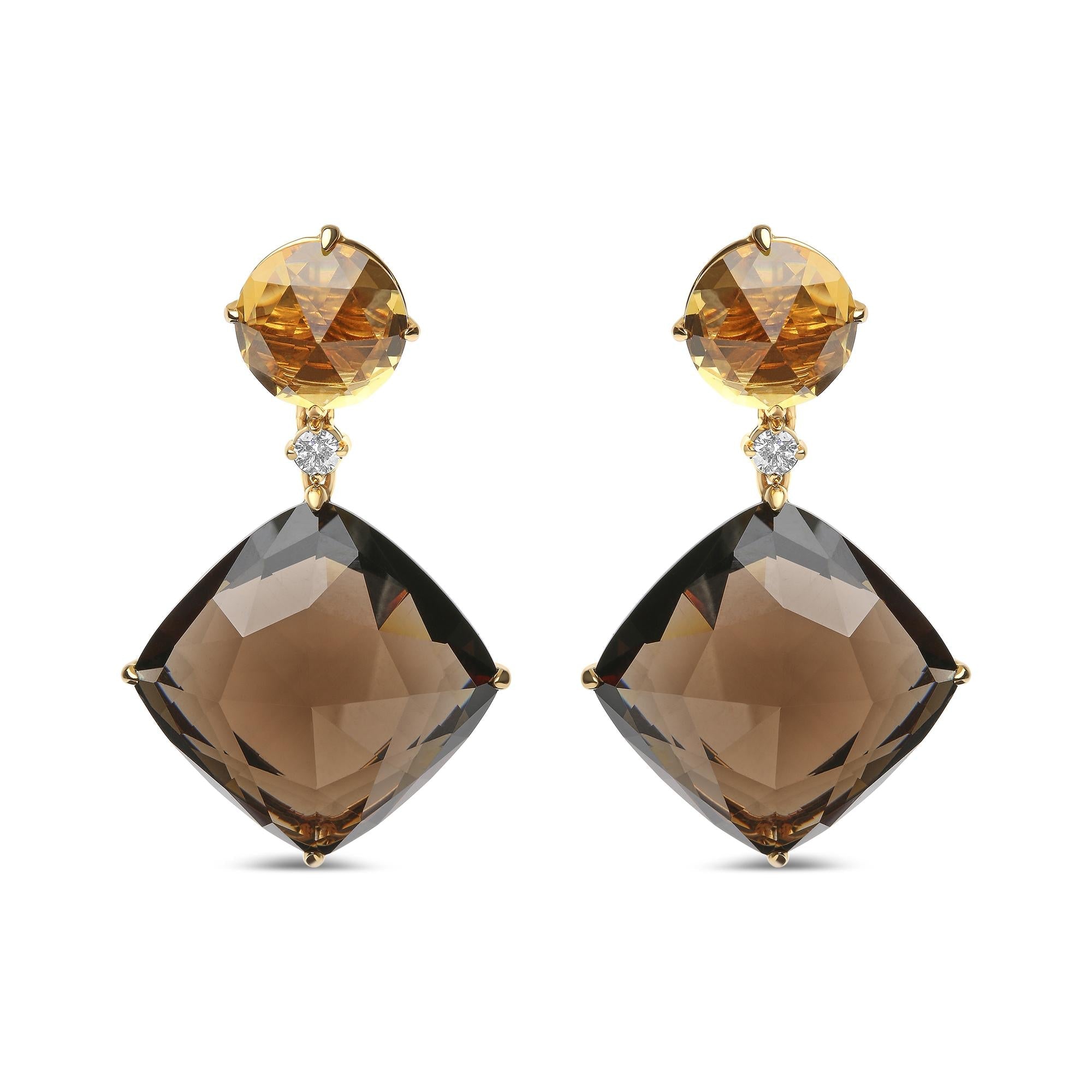 18K Yellow Gold 1/5 Cttw Diamond with Round Yellow Citrine and 25mm Cushion Cut Smoky Quartz Gemstone Dangle Earring (G-H Color, SI1-SI2 Clarity) - Friggin Jewelry
