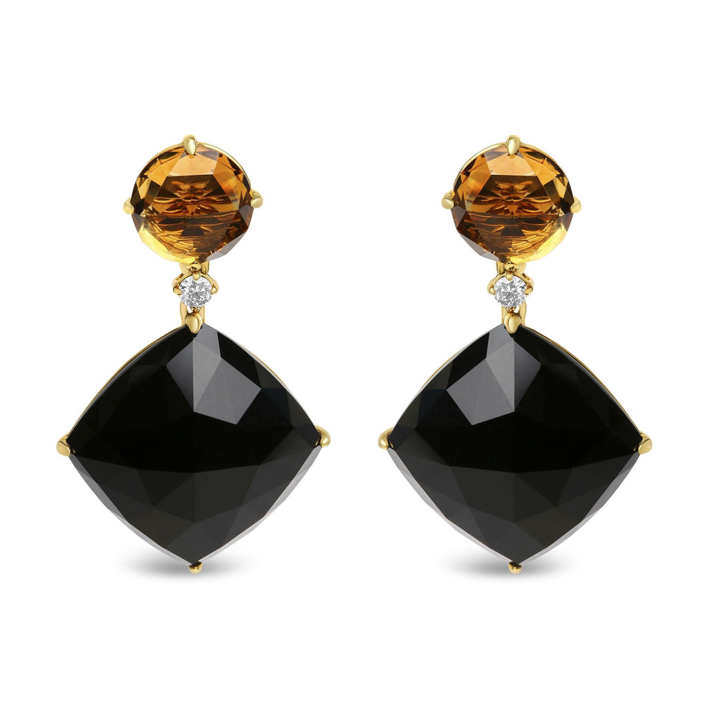 18K Yellow Gold 1/5 Cttw Diamond with Round Yellow Citrine and Cushion Cut Black Onyx Gemstone Dangle Earring (G-H Color, SI1-SI2 Clarity) - Friggin Jewelry