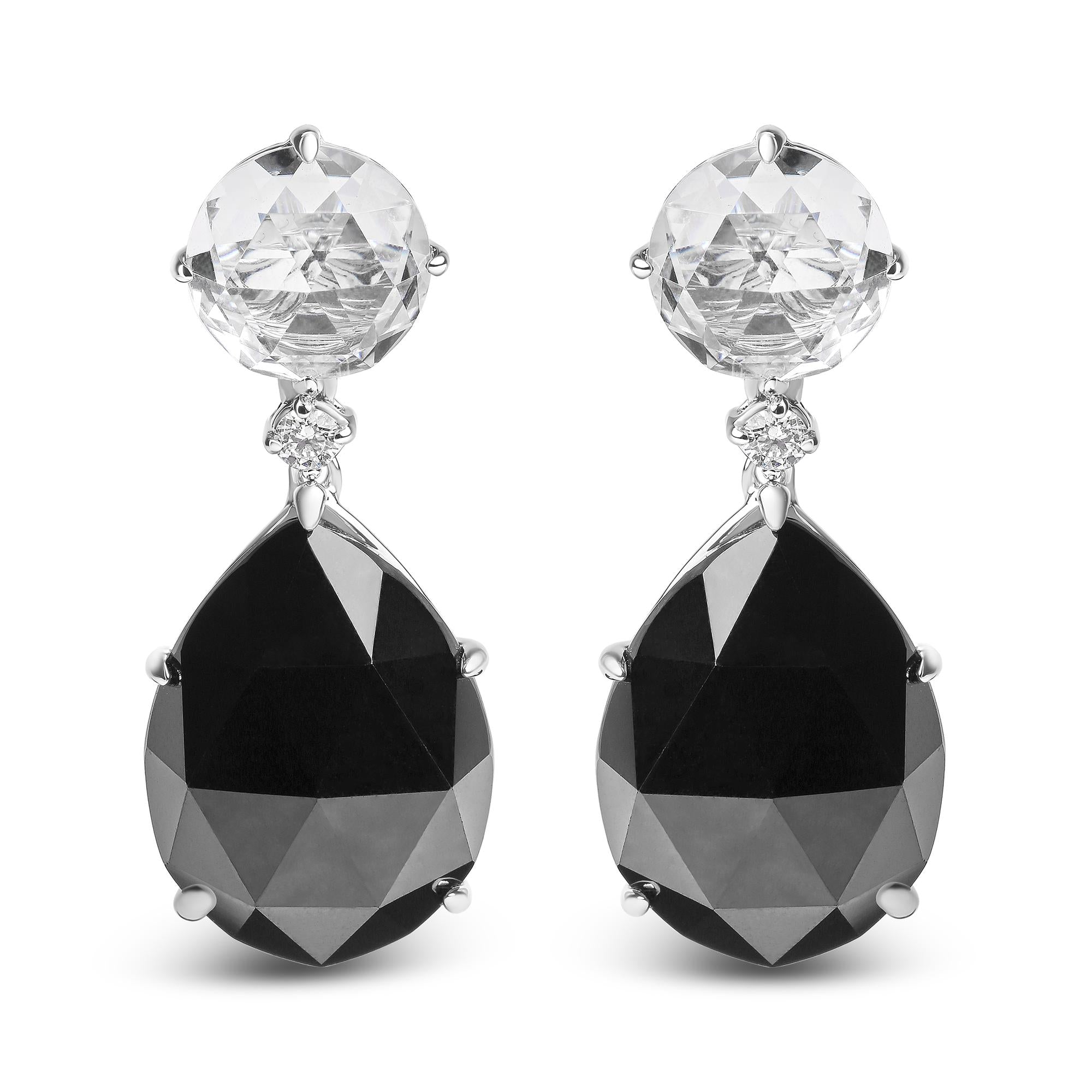 18K White Gold 1/5 Cttw Diamond with Round White Topaz and 20x15mm Pear Cut Black Onyx Gemstone Dangle Earring (G-H Color, SI1-SI2 Clarity) - Friggin Jewelry
