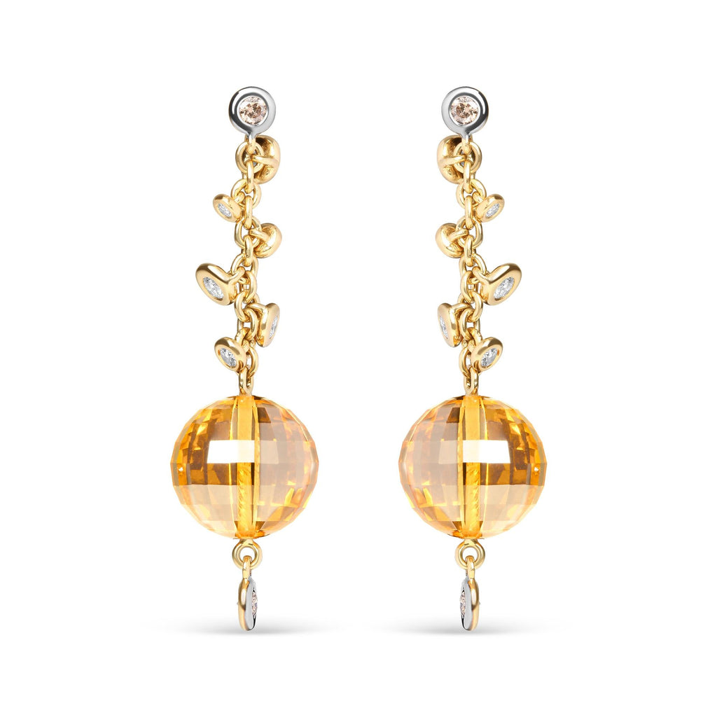 18K Yellow Gold 2/3 Cttw Round Bezel Diamond and 25mm Ball Shaped Yellow Citrine Gemstone Dangle Stud Earring (Brown and G-H Color, SI1-SI2 Clarity) - Friggin Jewelry