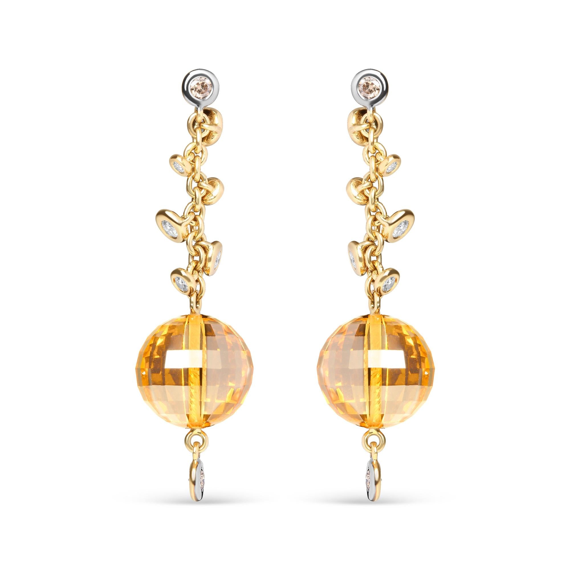 18K Yellow Gold 2/3 Cttw Round Bezel Diamond and 25mm Ball Shaped Yellow Citrine Gemstone Dangle Stud Earring (Brown and G-H Color, SI1-SI2 Clarity) - Friggin Jewelry