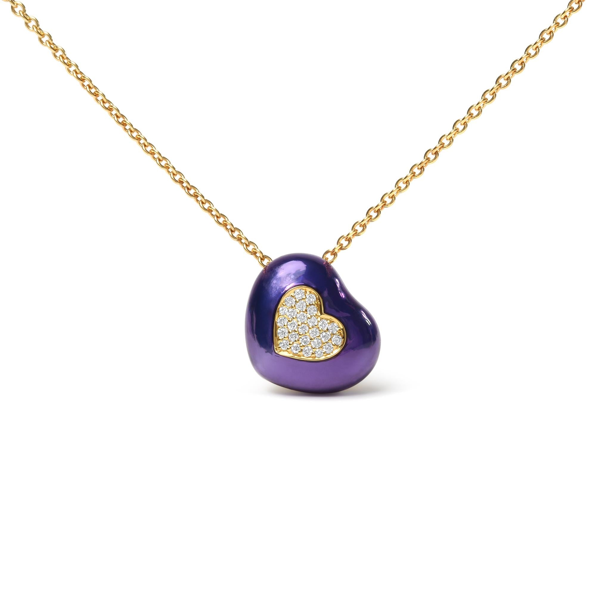 18K Yellow Gold Blue Enamel 1/10 Cttw Round Pave Diamonds Heart Shape 18" Pendant Necklace  (G-H Color, SI1-SI2 Clarity) - Adjustable up to 16" - 18" - Friggin Jewelry