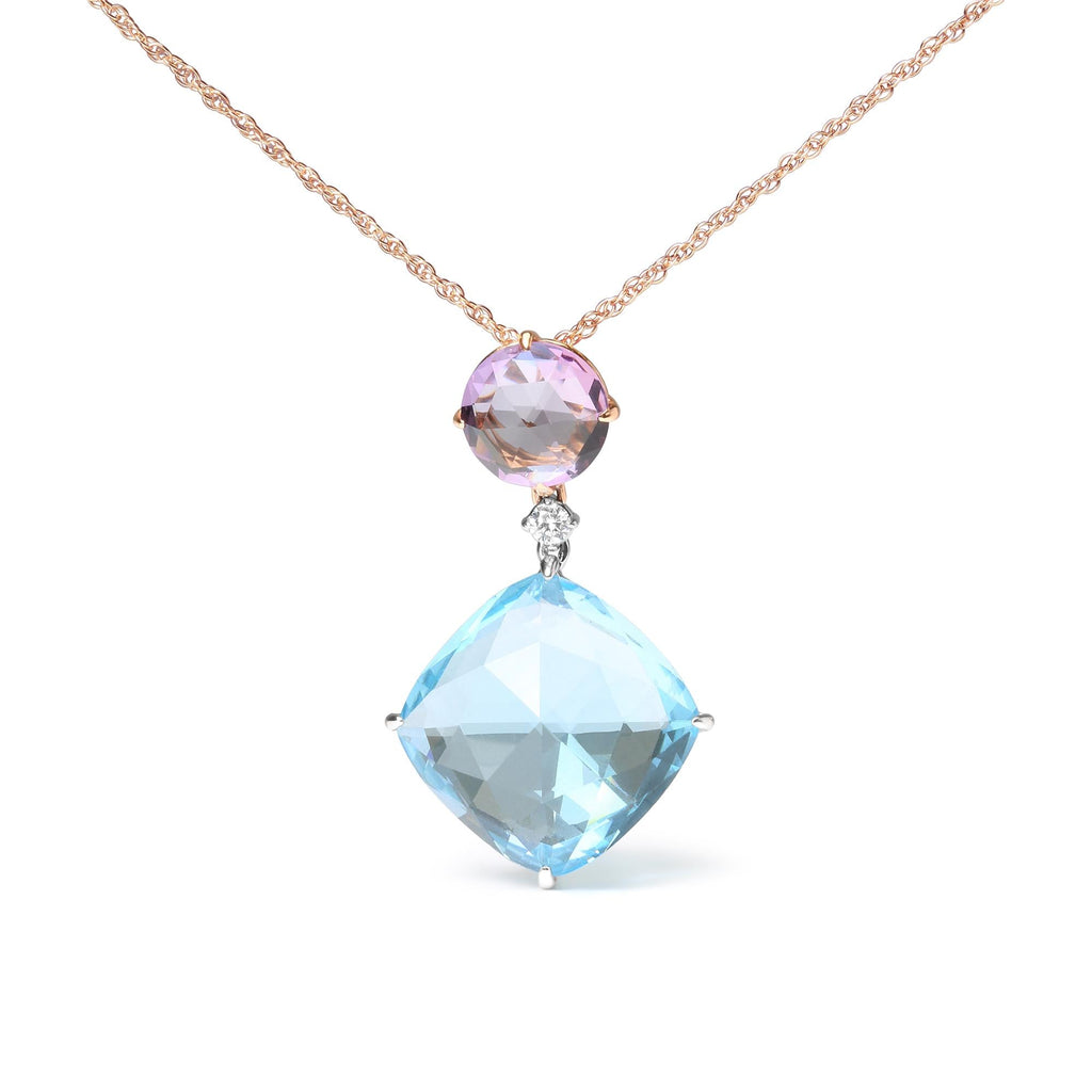 Collar colgante de 45 cm en oro blanco y rosa de 18 quilates con detalles de diamantes redondos, amatista rosa "Rose de France" redonda y topacio azul cielo de talla cojín (color GH, claridad SI1-SI2) - Friggin Jewelry