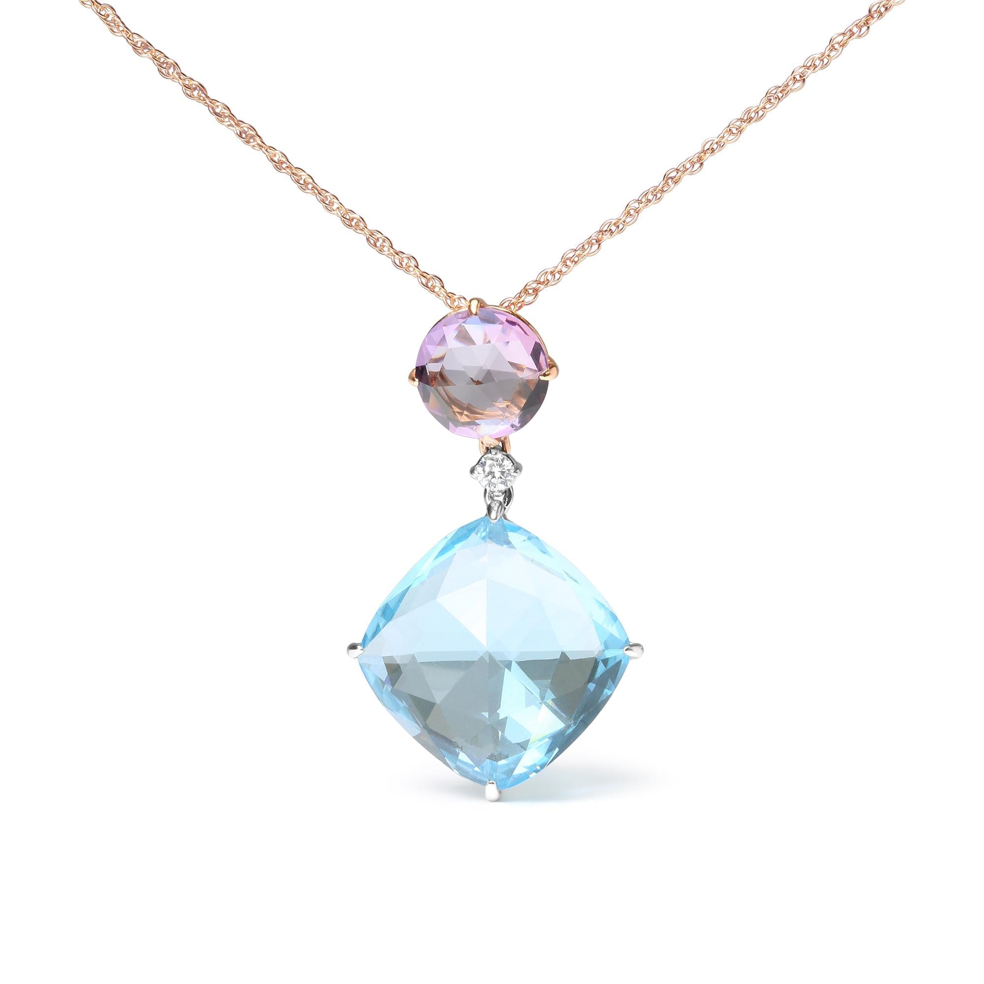 18K White and Rose Gold Round Diamond Accent and Round Rose De France Pink Amethyst and Cushion Cut Sky Blue Topaz Dangle Drop 18" Pendant Necklace (G-H Color, SI1-SI2 Clarity) - Friggin Jewelry