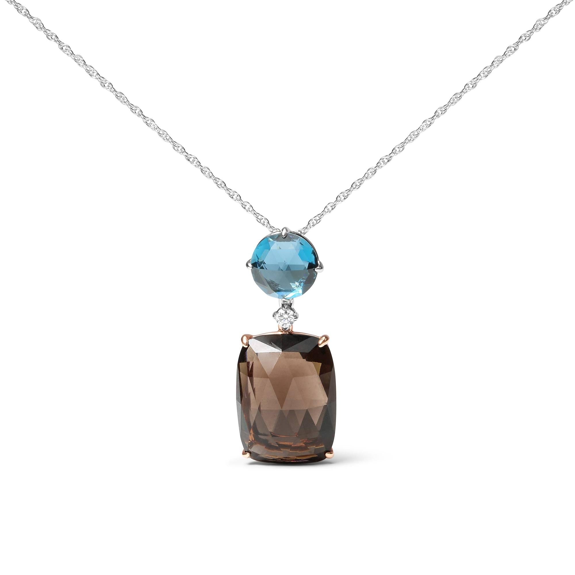 18K Rose and White Gold Diamond Accent and London Blue Topaz and Cushion Cut Smoky Quartz Gemstone Dangle Drop 18" Pendant Necklace (G-H Color, SI1-SI2 Clarity) - Friggin Jewelry