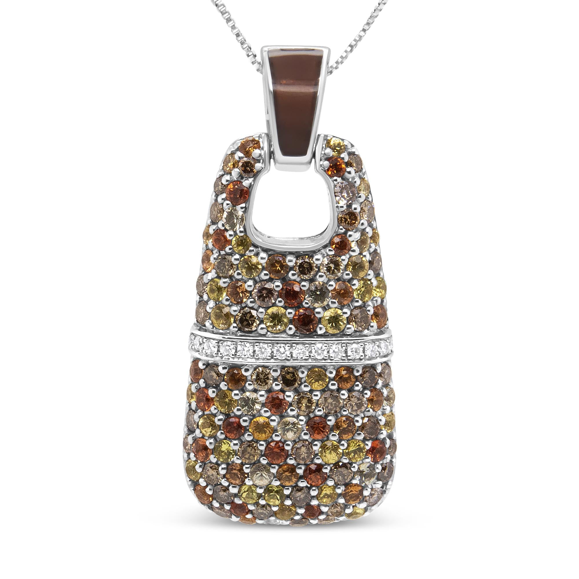 .925 Sterling Silver Brown Enamel 1 Cttw White and Brown Diamonds and  1.5mm Yellow and Orange Sapphire Gemstones Statement 18" Pendant Necklace (Brown and F-G Color, VS1-VS2 Clarity) - Friggin Jewelry Premium