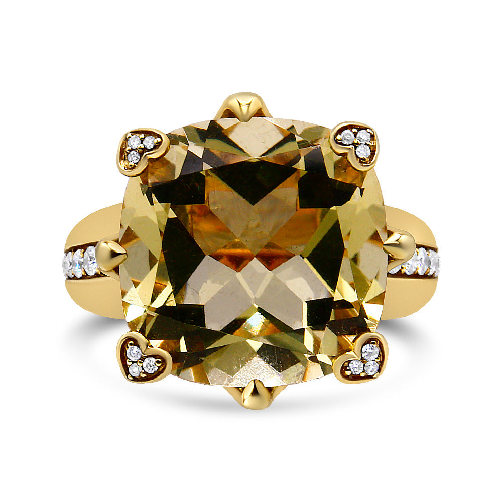 18K Yellow Gold 15x15mm Cushion Cut Lemon Quartz and 1/4 Cttw Diamond Accented Cocktail Ring (F-G Color, VS1-VS2 Clarity) - Friggin Jewelry