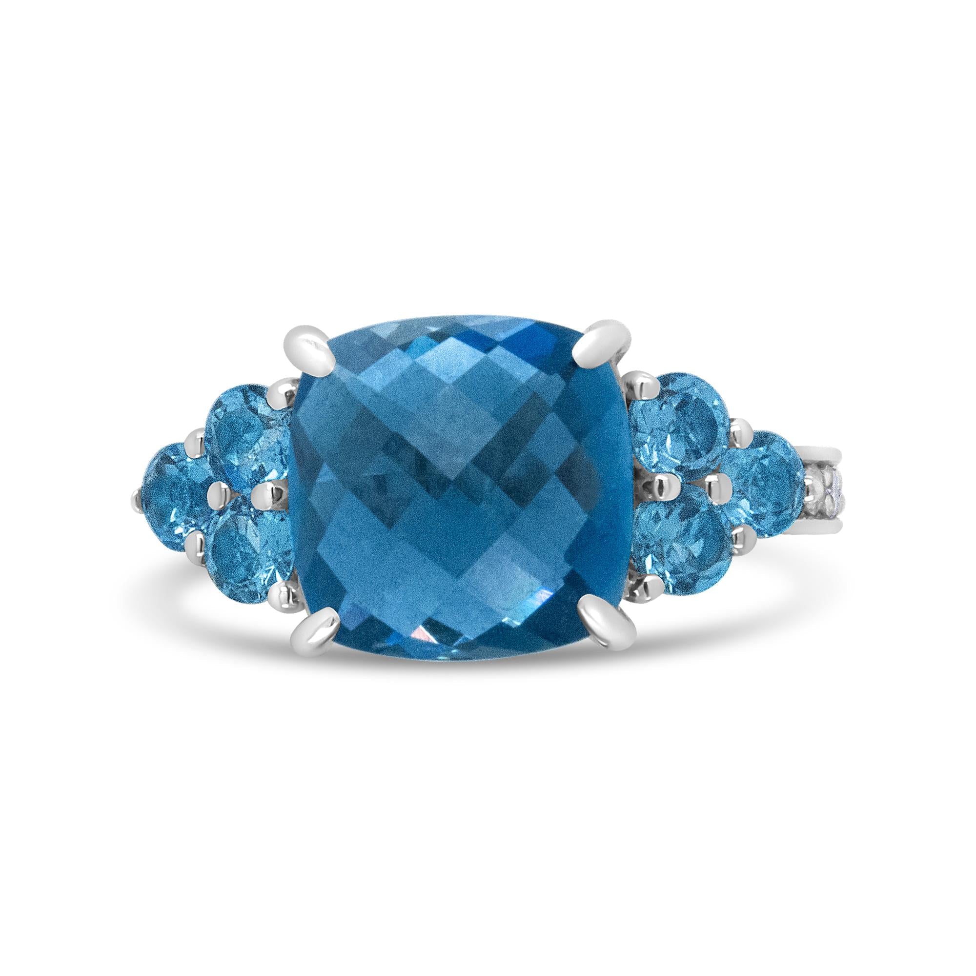 18K White Gold 10mm Cushion Shaped Blue Topaz and 1/6 Cttw Diamond 3 Stone Style Ring (F-G Color, VS1-VS2 Clarity) - Friggin Jewelry