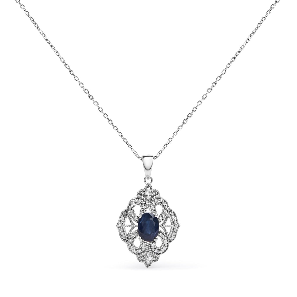Collana con ciondolo a forma di scudo in stile Art Déco da 18" in argento sterling 925, ovale, 7x5 mm, con zaffiro blu e diamanti (colore IJ, purezza I3) - Friggin Jewelry