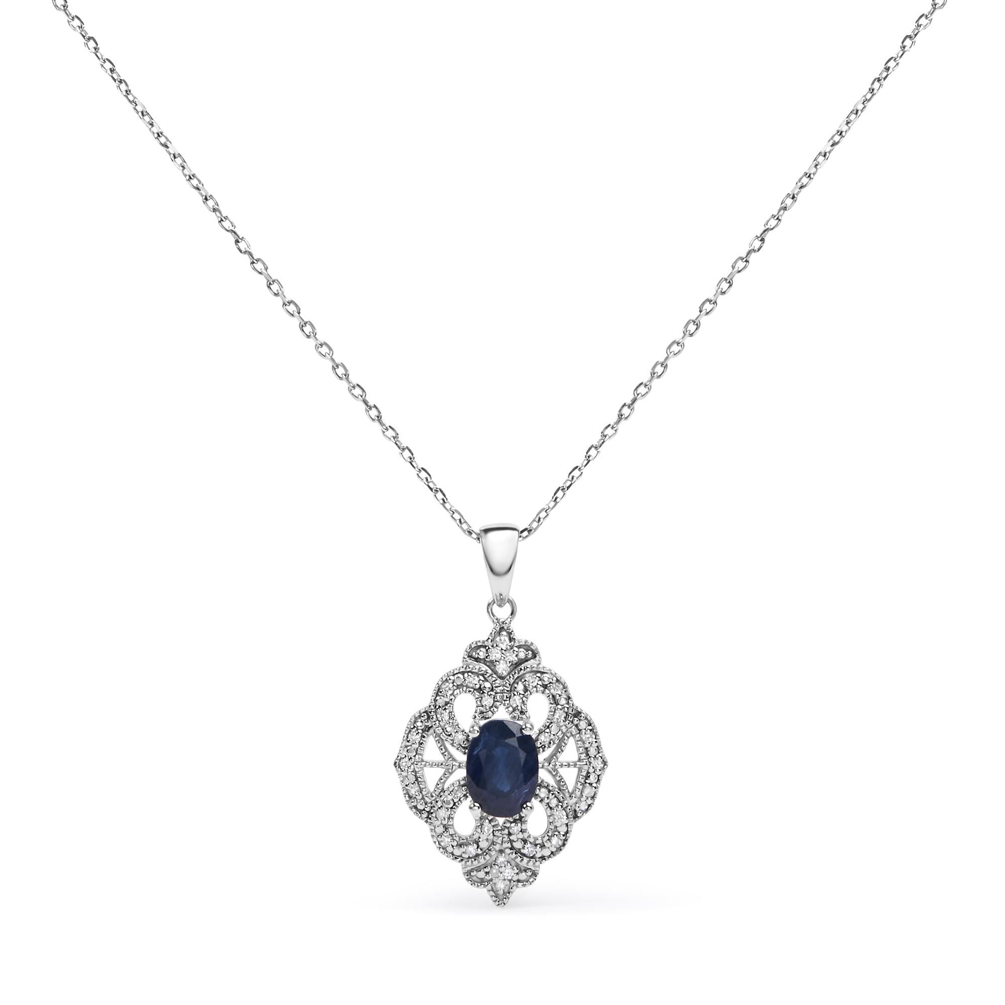 Collana con ciondolo a forma di scudo in stile Art Déco da 18" in argento sterling 925, ovale, 7x5 mm, con zaffiro blu e diamanti (colore IJ, purezza I3) - Friggin Jewelry