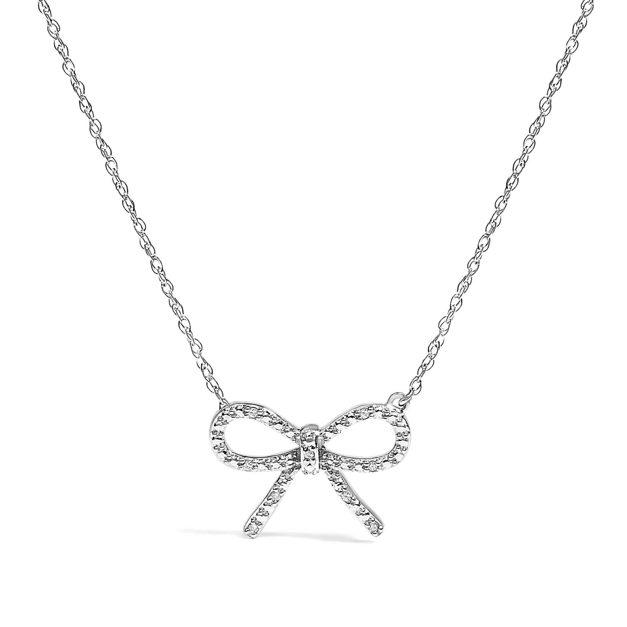 .925 Sterling Silver Diamond Accent Ribbon Bow Knot Pendant Necklace (J-K Color, I2-I3 Clarity) - 18" Inches - Friggin Jewelry