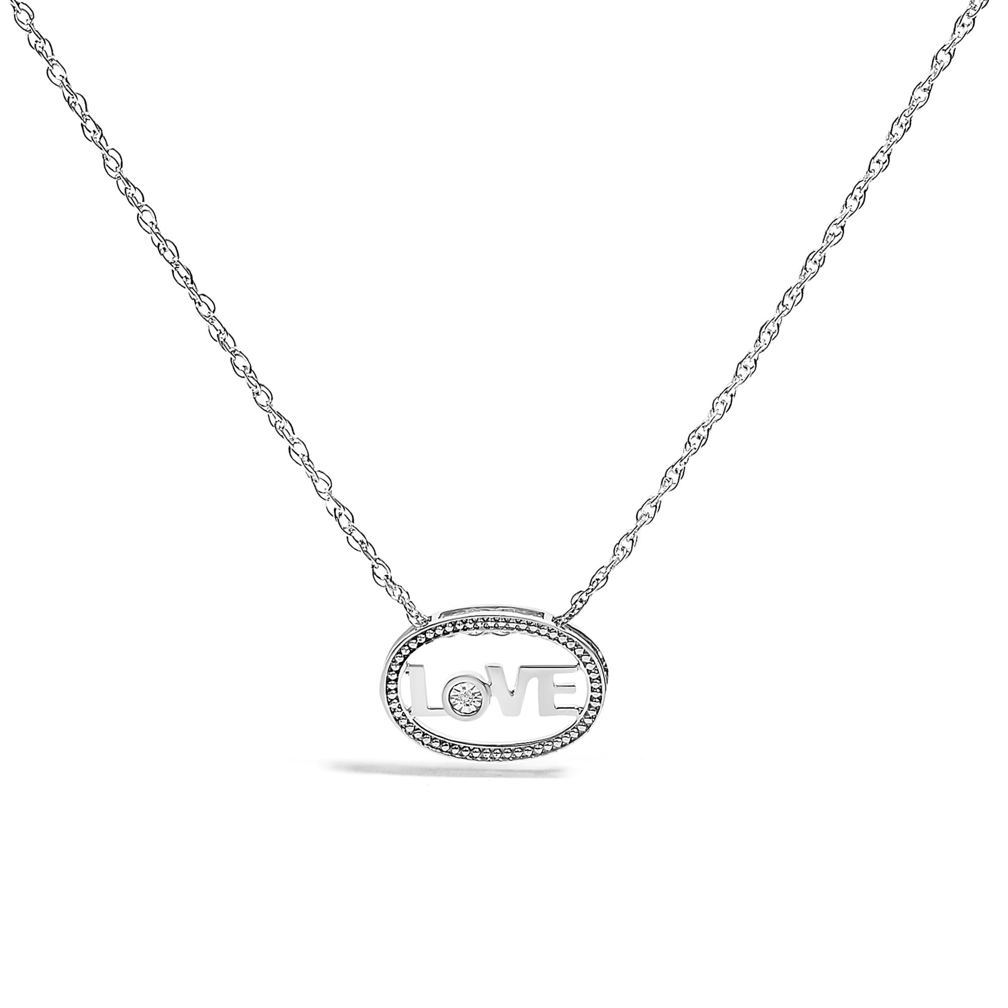 .925 Sterling Silver Diamond Accent "LOVE" Beaded Oval Pendant Necklace (J-K Color, I2-I3 Clarity) - 18" Inches - Mom - Friggin Jewelry