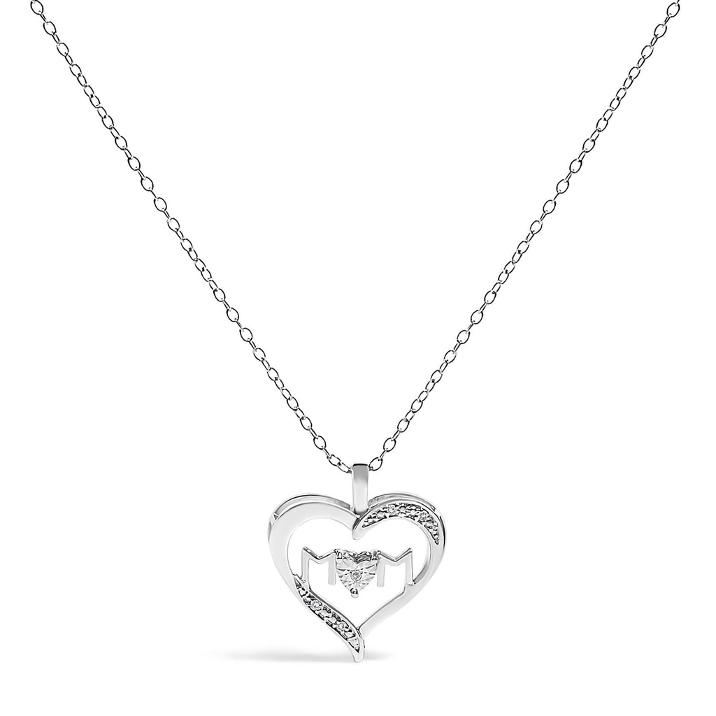 .925 Sterling Silver Diamond Accent MOM with Heart Pendant Necklace (J-K Color, I2-I3 Clarity) - 18" Inches - Mom - Friggin Jewelry