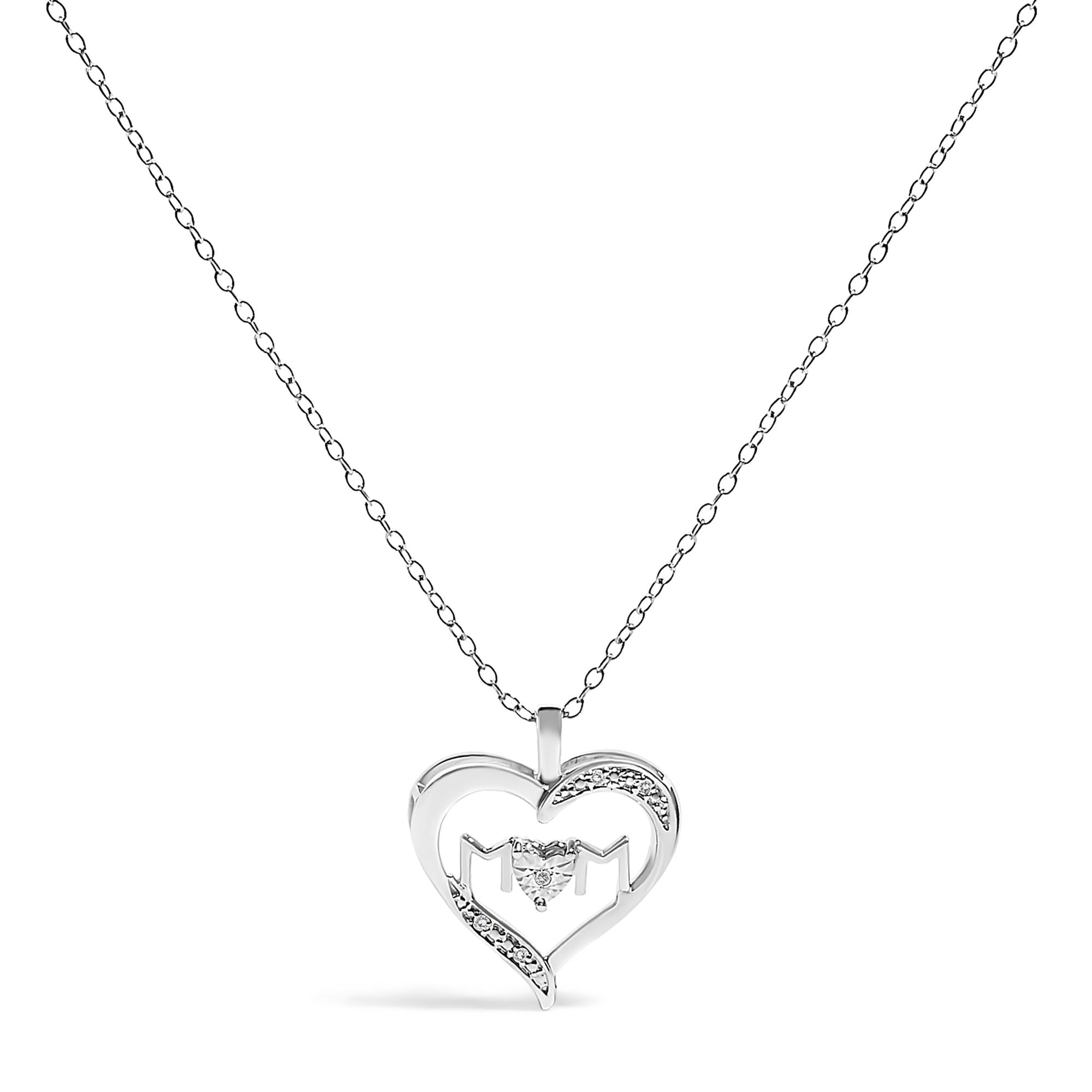 .925 Sterling Silver Diamond Accent MOM with Heart Pendant Necklace (J-K Color, I2-I3 Clarity) - 18" Inches - Mom - Friggin Jewelry