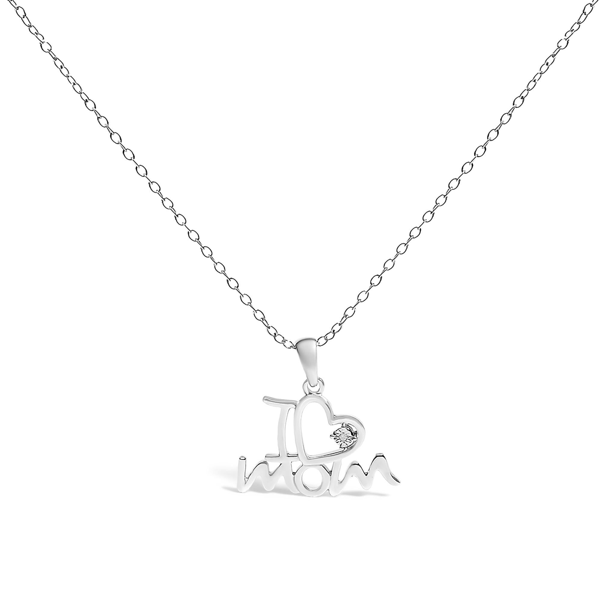 .925 Sterling Silver Diamond Accent "I Love Mom" Heart Pendant Necklace (J-K Color, I2-I3 Clarity) - 18" Inches - Mom - Friggin Jewelry