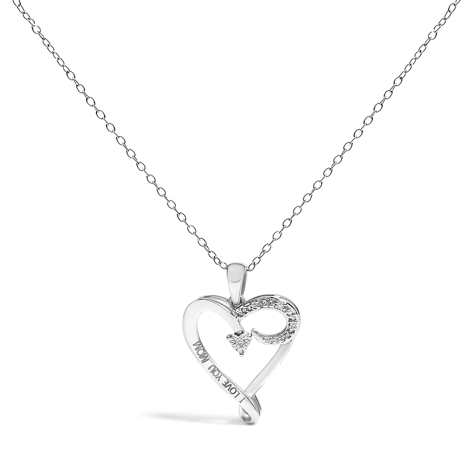 .925 Sterling Silver Diamond Accent "I LOVE YOU MOM" Heart Pendant Necklace (J-K Color, I2-I3 Clarity) - 18" Inches - Friggin Jewelry