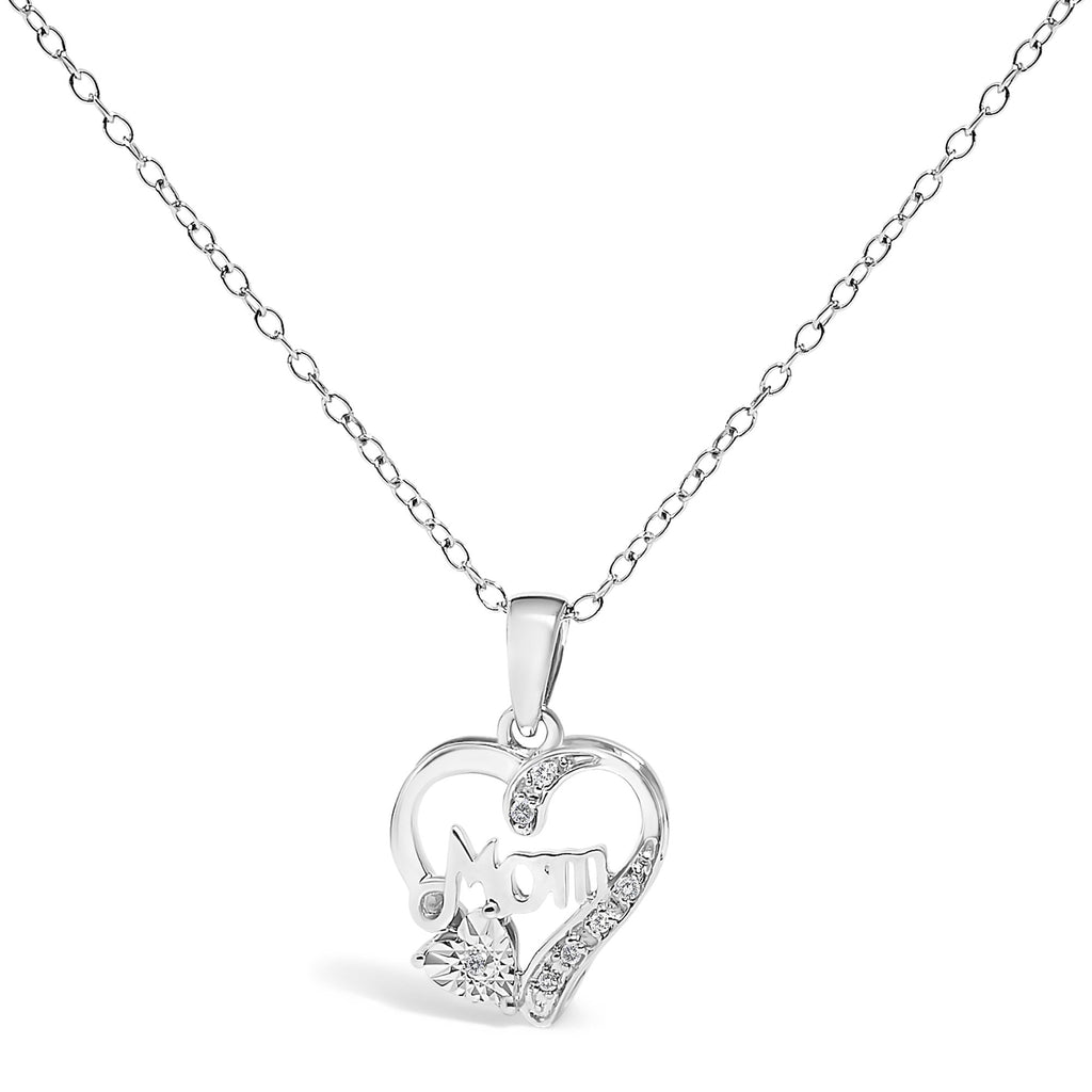 .925 Sterling Silver Diamond Accent Mom with Heart Pendant Necklace (J-K Color, I2-I3 Clarity) - 18" Inches - Mom - Friggin Jewelry