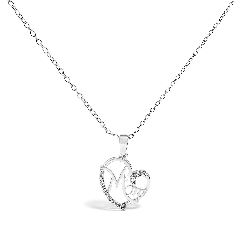 .925 Sterling Silver Cursive Mom Heart Diamond Accent Pendant Necklace (J-K Color, I2-I3 Clarity) - 18" Inches - Mom - Friggin Jewelry