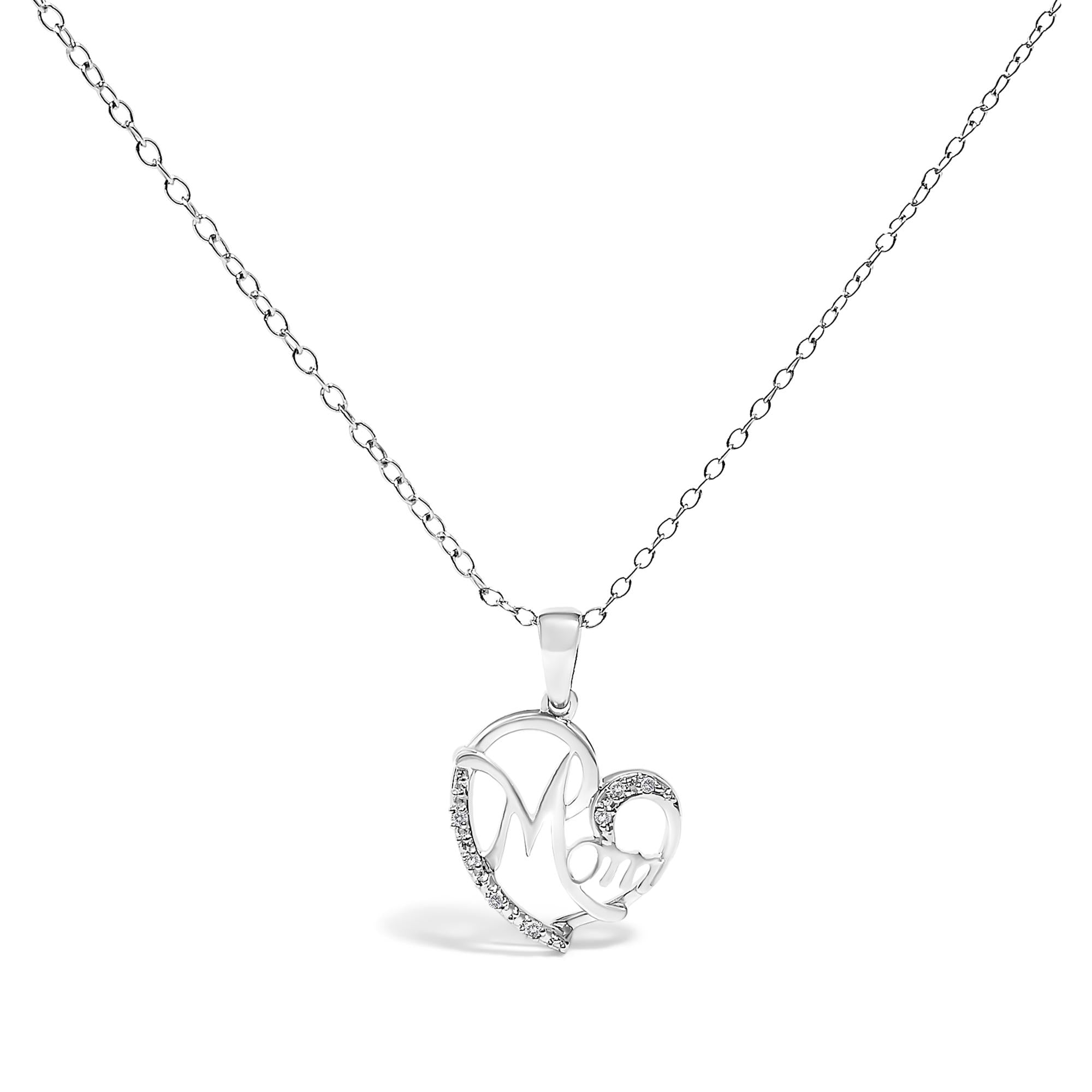 .925 Sterling Silver Cursive Mom Heart Diamond Accent Pendant Necklace (J-K Color, I2-I3 Clarity) - 18" Inches - Mom - Friggin Jewelry