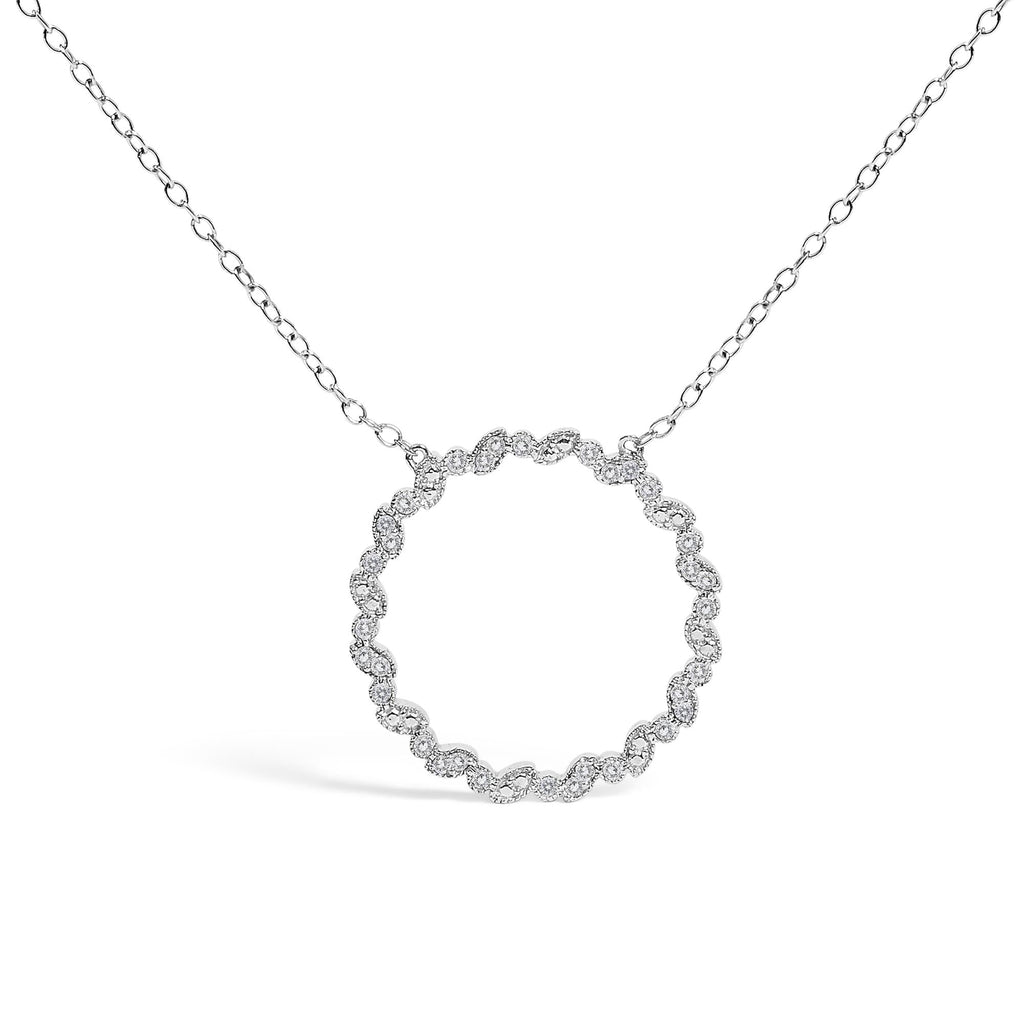 .925 Sterling Silver 1/7 Cttw Lab Grown Diamond Beaded Love Circle Pendant Necklace - Size 18 Inches - Friggin Jewelry