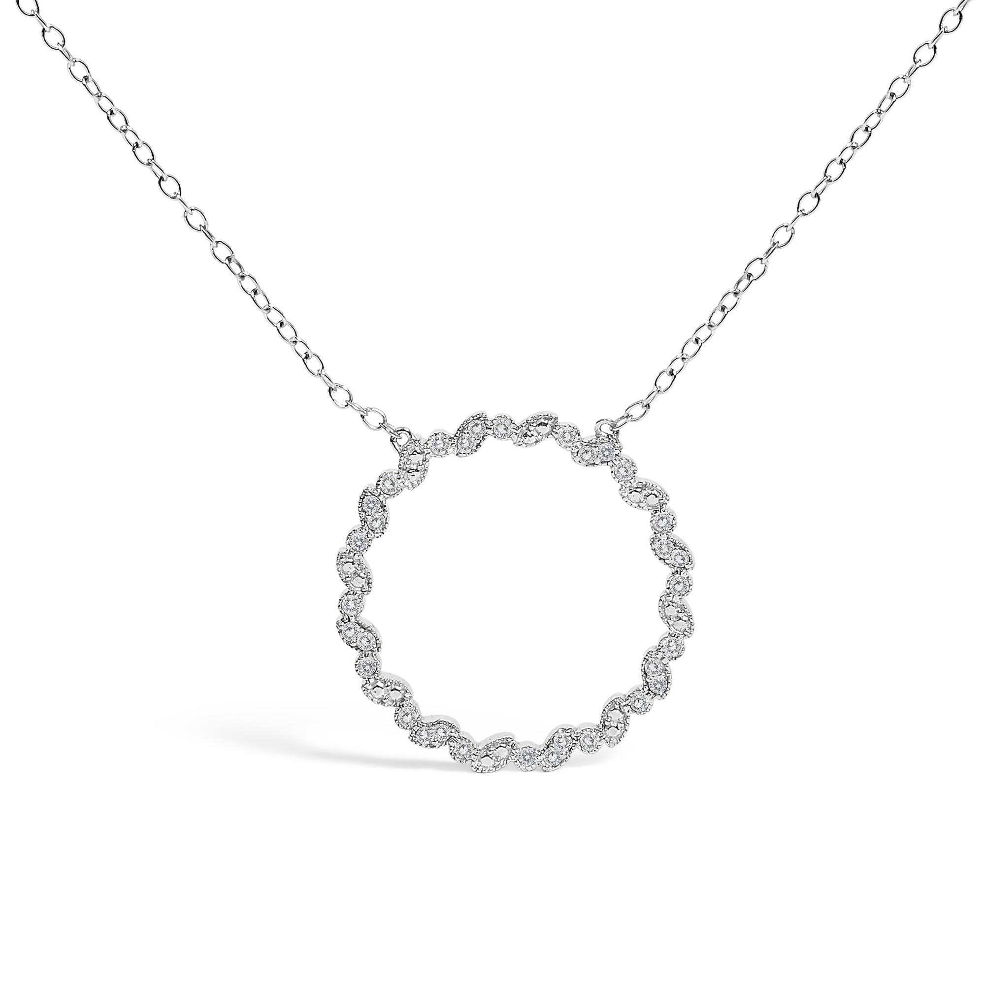 .925 Sterling Silver 1/7 Cttw Lab Grown Diamond Beaded Love Circle Pendant Necklace - Size 18 Inches - Friggin Jewelry