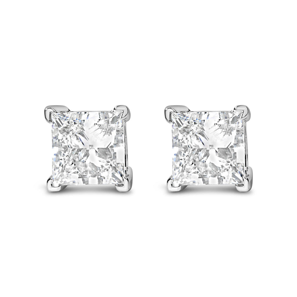 Aretes solitarios de oro blanco de 14 quilates con diamantes cultivados en laboratorio de talla princesa (color FG, claridad VS2-SI1) - Friggin Jewelry