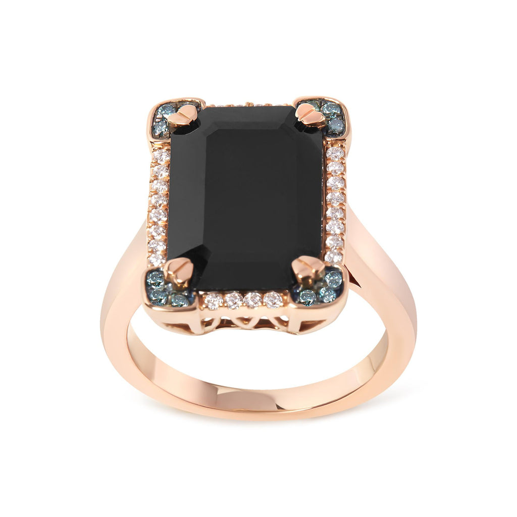 Anello da cocktail Halo in oro rosa 14 carati con onice nero taglio smeraldo da 15x10 mm e diamanti blu e bianchi da 1/5 ct (colore GH, purezza SI1-SI2) - Misura 7 - Friggin Jewelry