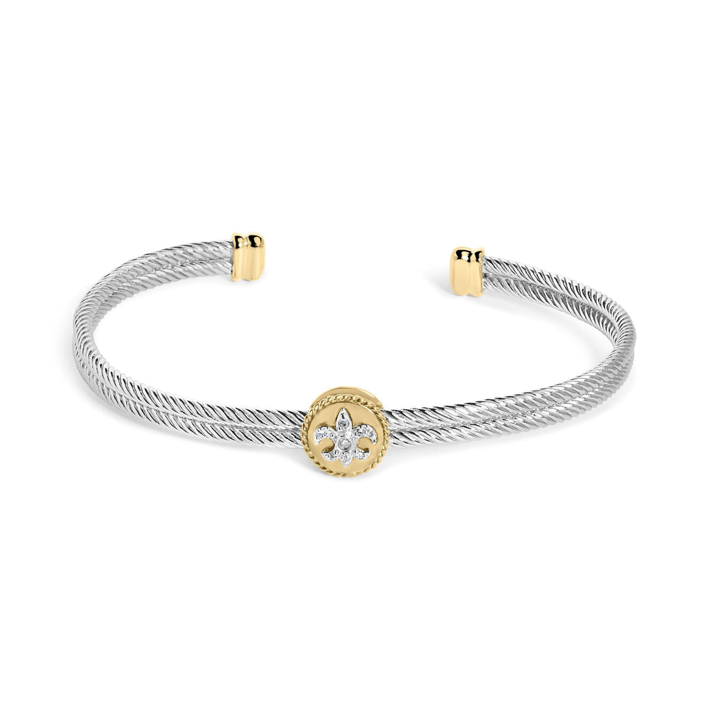 18K Yellow Gold Plated .925 Sterling Silver Diamond Accent  and Fleur Di Lis Medallion Bangle Bracelet (I-J Color, SI1-SI2 Clarity) - 7.25 Inches - Friggin Jewelry