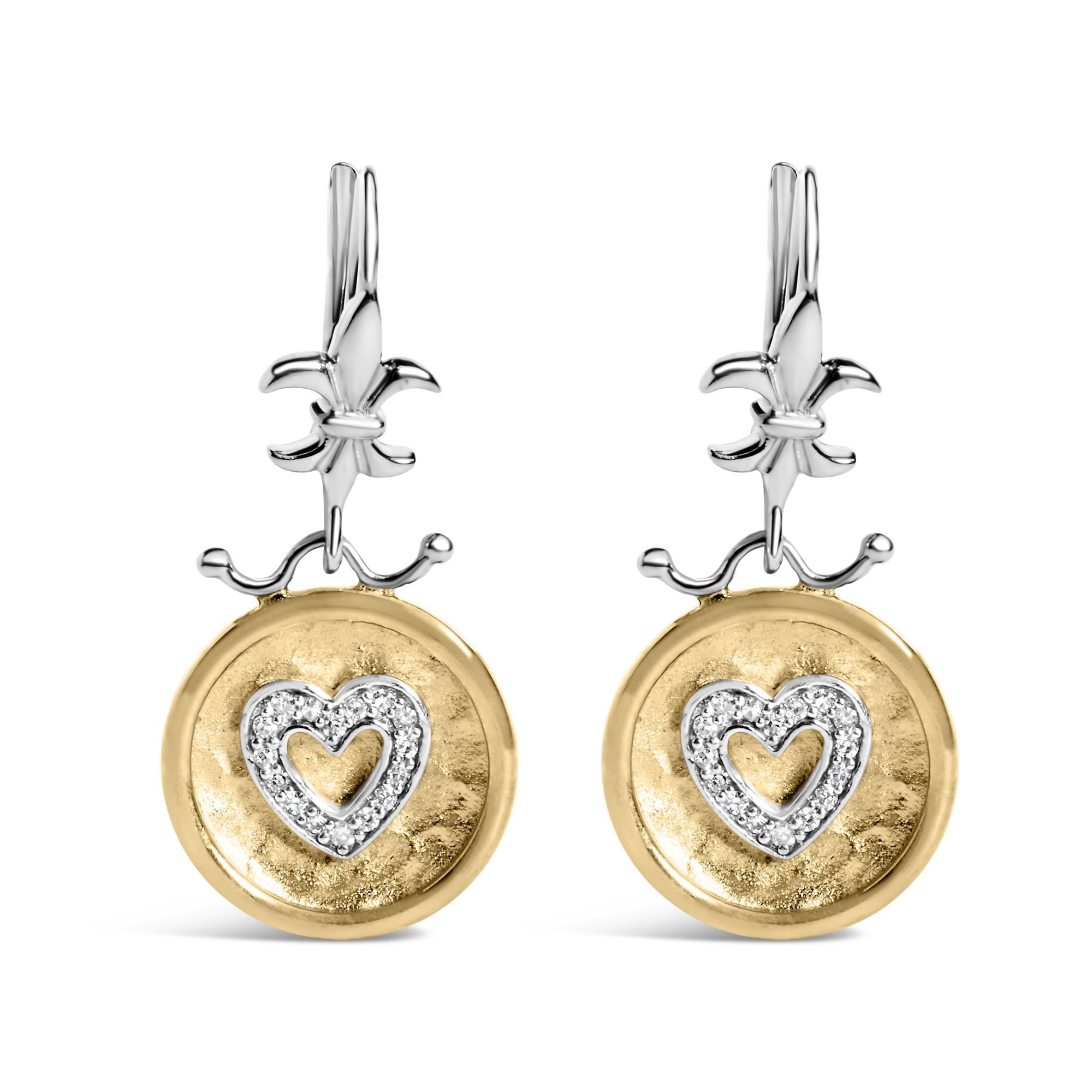 18K Yellow Gold Plated .925 Sterling Silver 1/8 Cttw Diamond Hammered Finished Medallion Heart Drop and Dangle Earrings (I-J Color, SI1-SI2 Clarity) - Friggin Jewelry