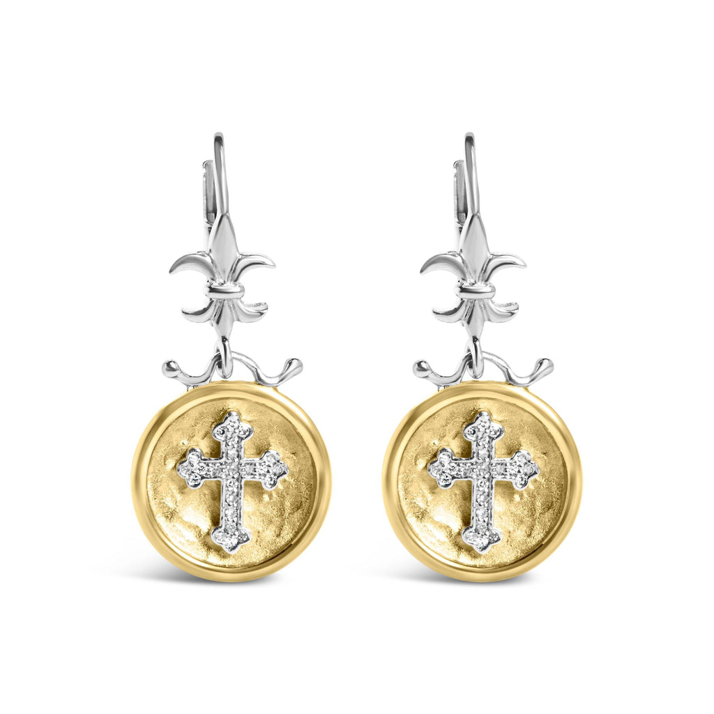 18K Yellow Gold Plated .925 Sterling Silver 1/8 Cttw Diamond Hammered Finished Medallion with Cross Drop and Dangle Earrings (I-J Color, SI1-SI2 Clarity) - Friggin Jewelry