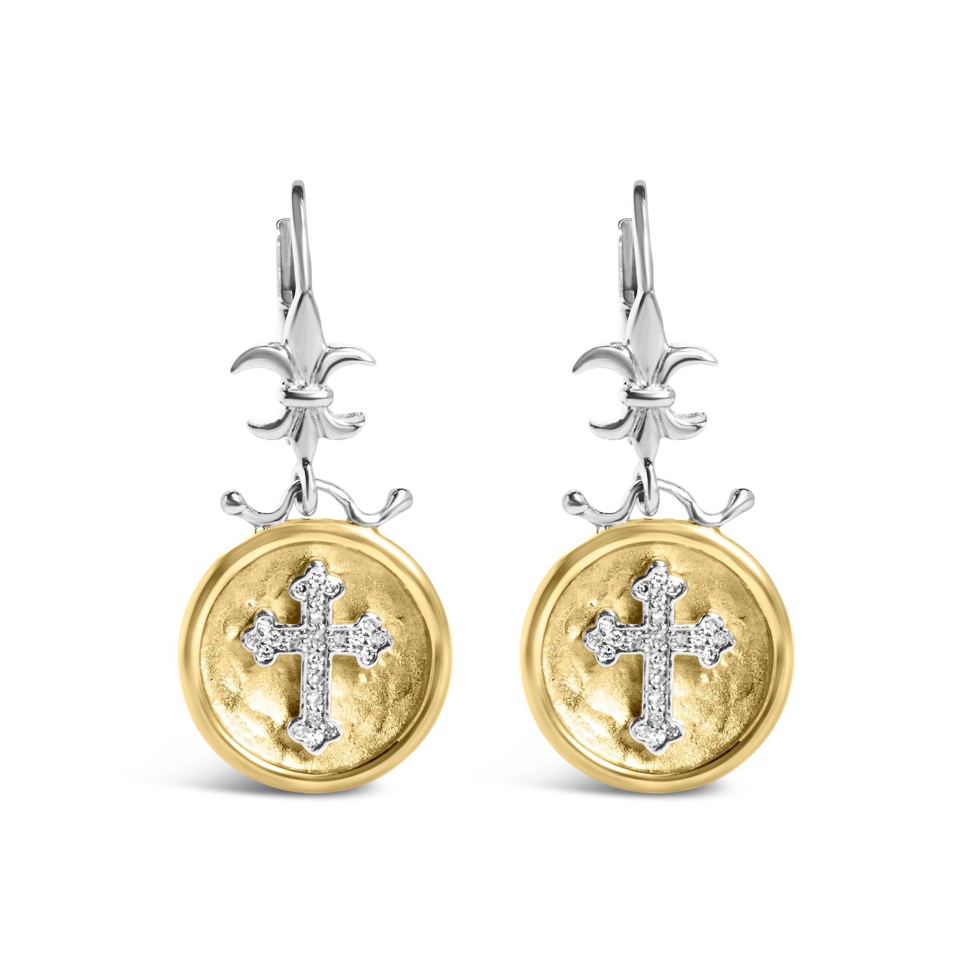 18K Yellow Gold Plated .925 Sterling Silver 1/8 Cttw Diamond Hammered Finished Medallion with Cross Drop and Dangle Earrings (I-J Color, SI1-SI2 Clarity) - Friggin Jewelry