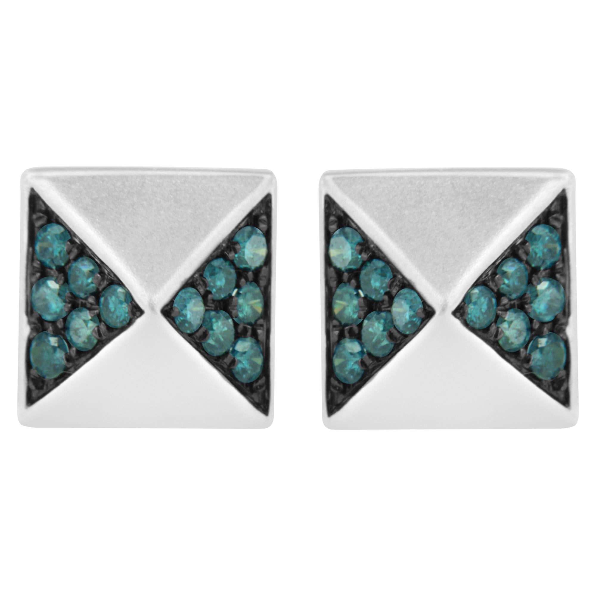 14K White Gold 1/4 Cttw Treated Blue Diamond Pyramid Stud Earring (Blue Color, SI1-SI2 Clarity) - Friggin Jewelry