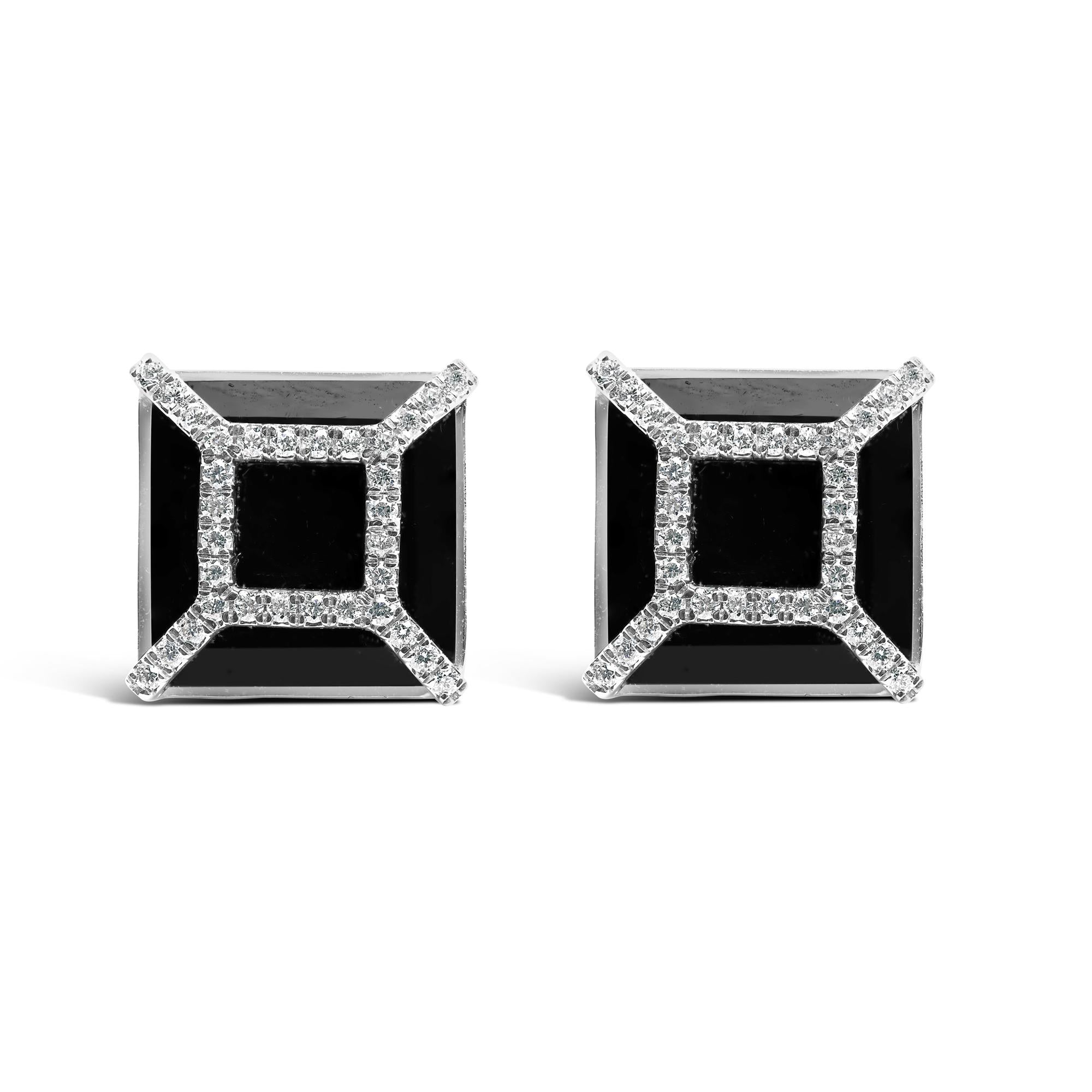 Aretes de oro blanco de 14 quilates con diamantes de 3/8 ct y ónix negro de 11 x 11 mm (color GH, claridad SI1-SI2) - Friggin Jewelry