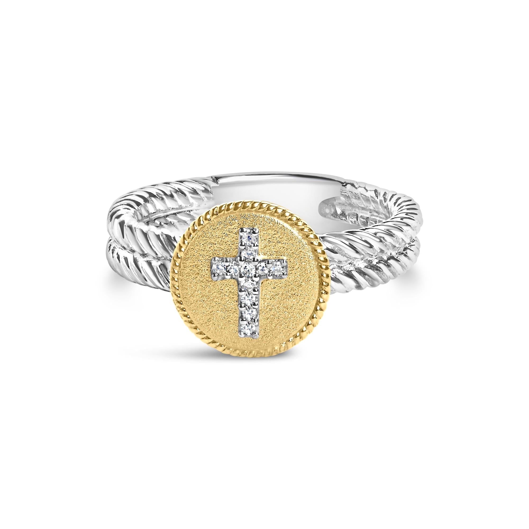 18K Yellow Gold Plated .925 Sterling Silver Diamond Cross Ring with Satin Finish (I-J Color, SI1-SI2 Clarity) - Friggin Jewelry