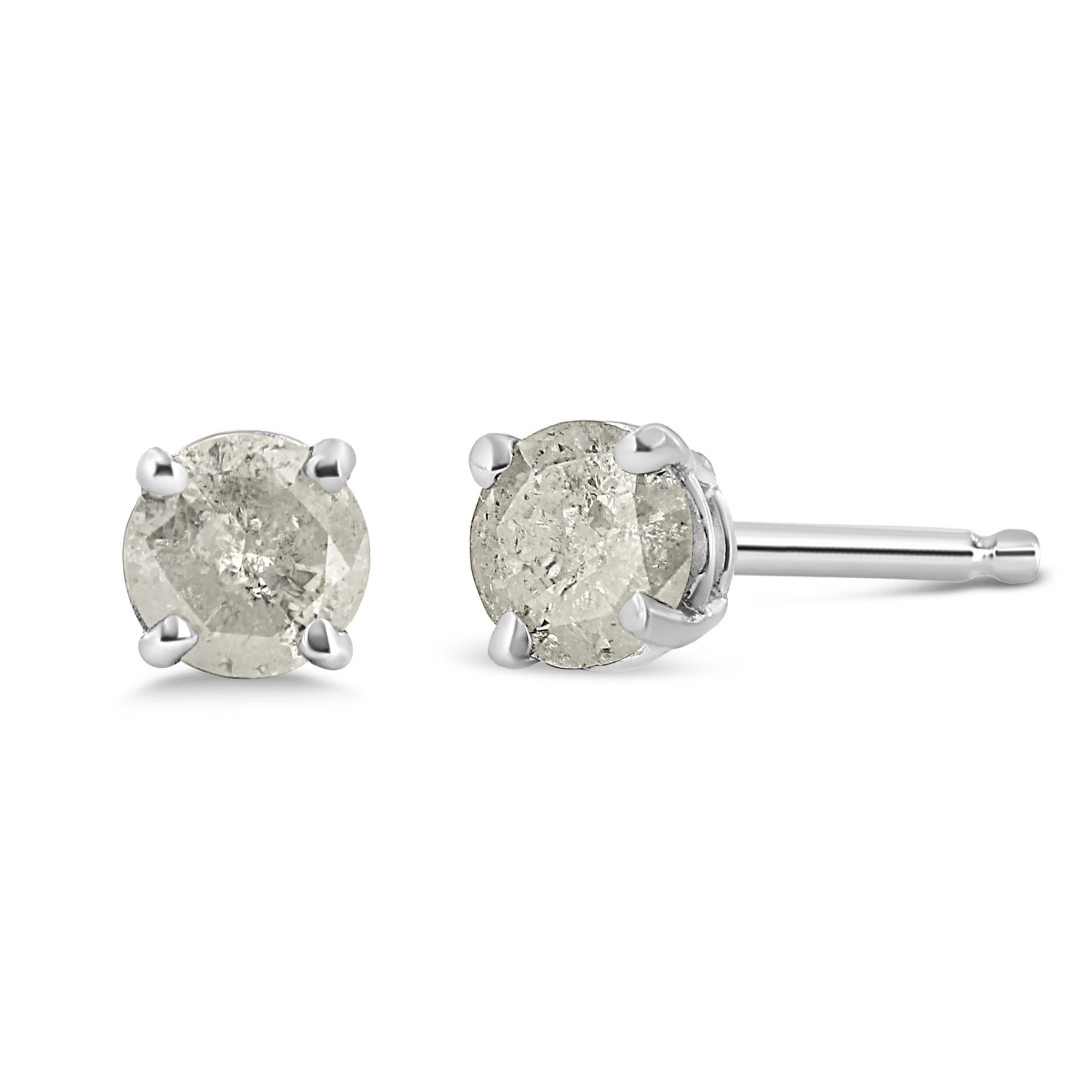 Aretes clásicos de plata de ley 925 con diamantes de talla redonda "sal y pimienta" de 4 puntas (color IJ, claridad I3) - Friggin Jewelry
