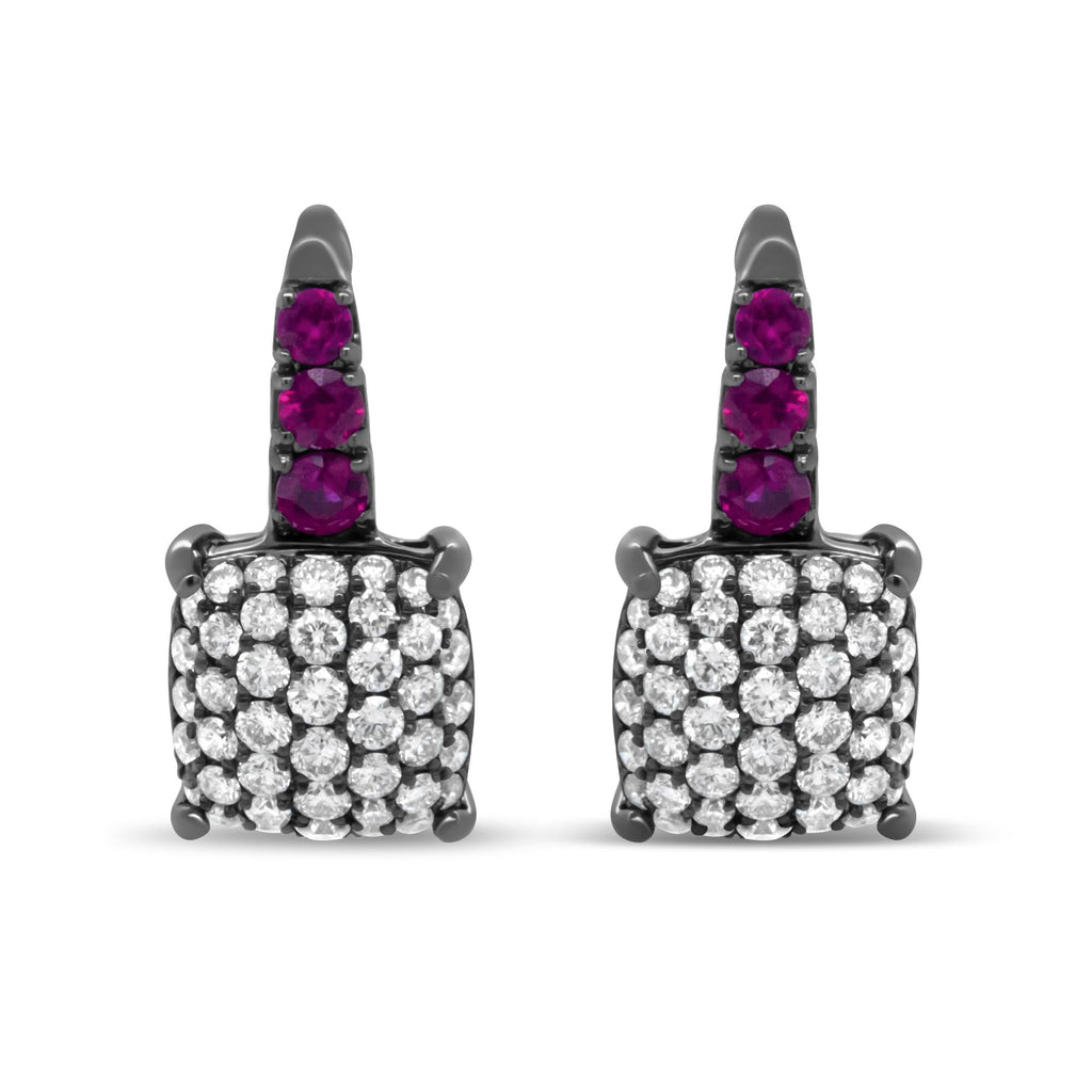 Black Rhodium Plated 18K White Gold 7/8 Cttw Round Diamond and Graduated Red Ruby Drop Earrings (F-G Color, VS1-VS2 Clarity) - Friggin Jewelry