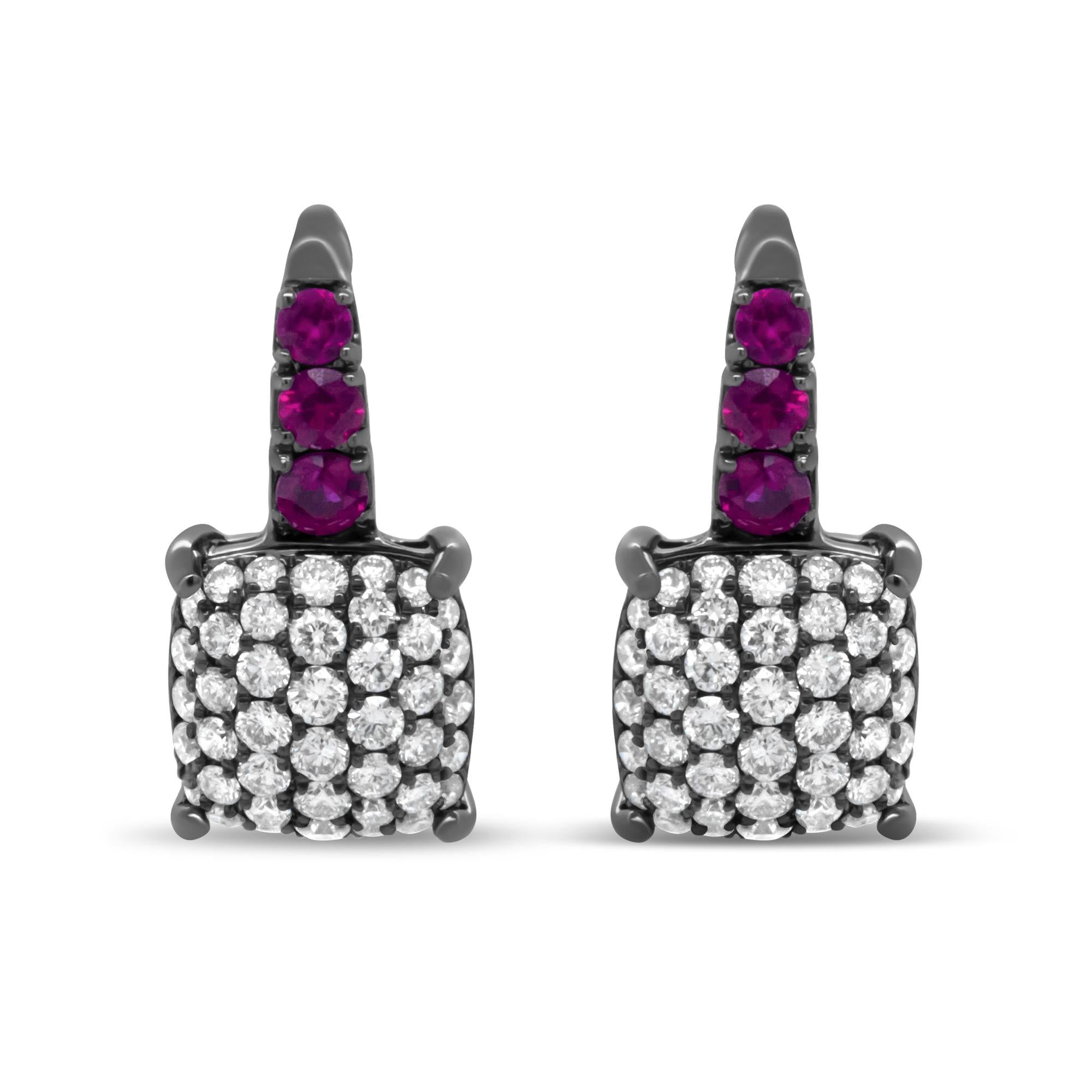Black Rhodium Plated 18K White Gold 7/8 Cttw Round Diamond and Graduated Red Ruby Drop Earrings (F-G Color, VS1-VS2 Clarity) - Friggin Jewelry