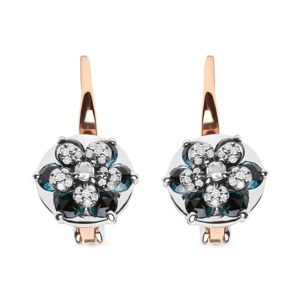 Aros colgantes con diseño floral en oro rosa y blanco de 18 quilates, con diamantes redondos de 1/3 ct y topacio azul Londres redondo (color GH, claridad SI1-SI2) - Friggin Jewelry