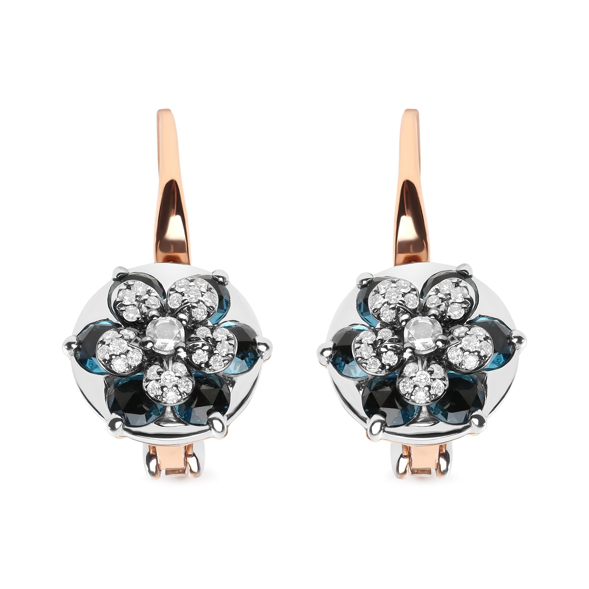 18K Rose and White Gold 1/3 Cttw Round Diamonds and Round London Blue Topaz Gemstone Cluster Floral Drop Hoop Earrings (G-H Color, SI1-SI2 Clarity) - Friggin Jewelry