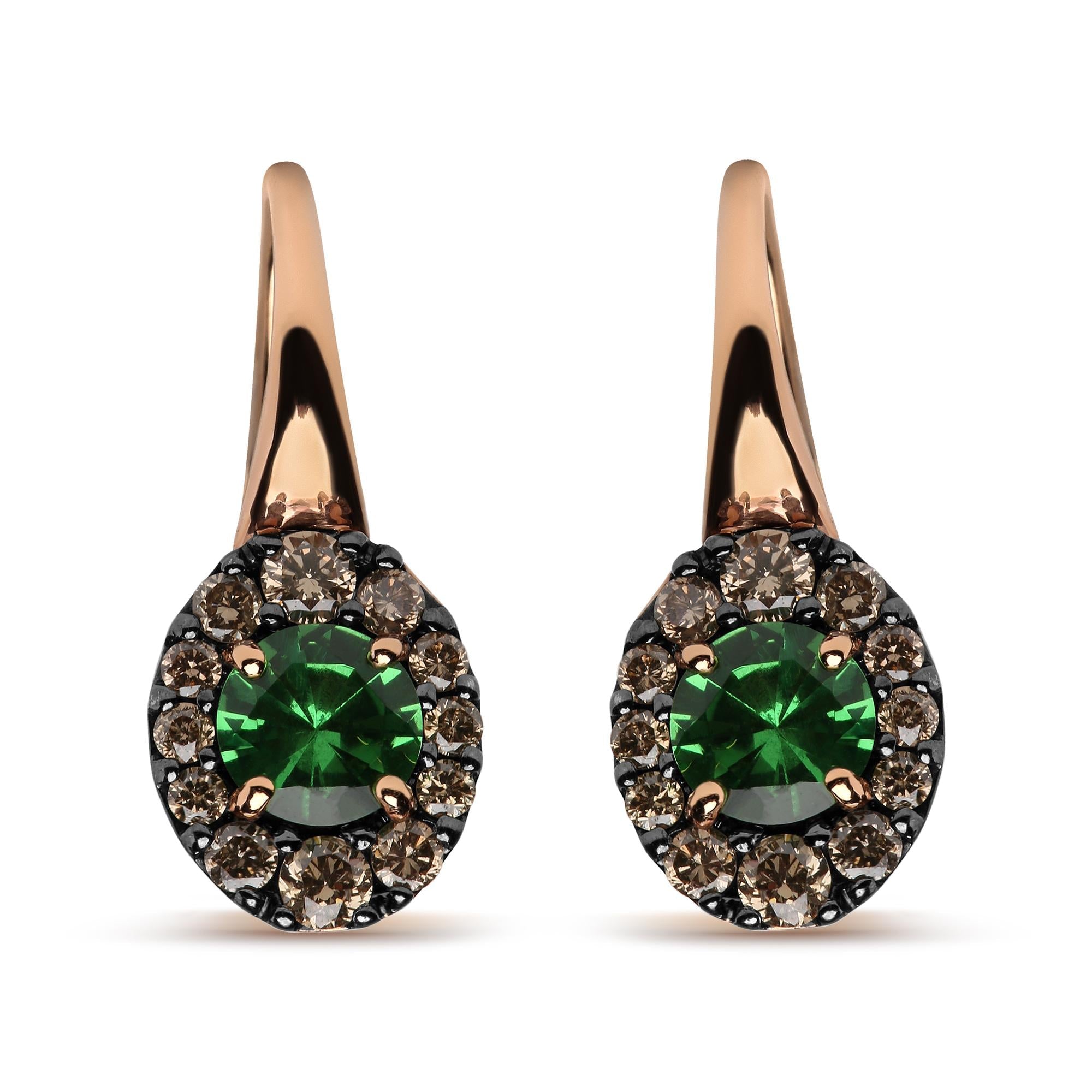 18K Rose and White Gold 3/8 Cttw Round Brown Diamonds and Round Green Tsavorite Gemstone Halo Drop Hoop Earrings (Brown Color, SI1-SI2 Clarity) - Friggin Jewelry
