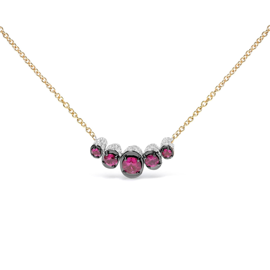 18K Rose Gold 3/4 Cttw Pave Diamonds and Graduated Red Ruby Gemstone Curved Bar Choker Necklace (G-H Color, SI1-SI2 Clarity) - Adjustable up to 14" - 16.5" - Friggin Jewelry