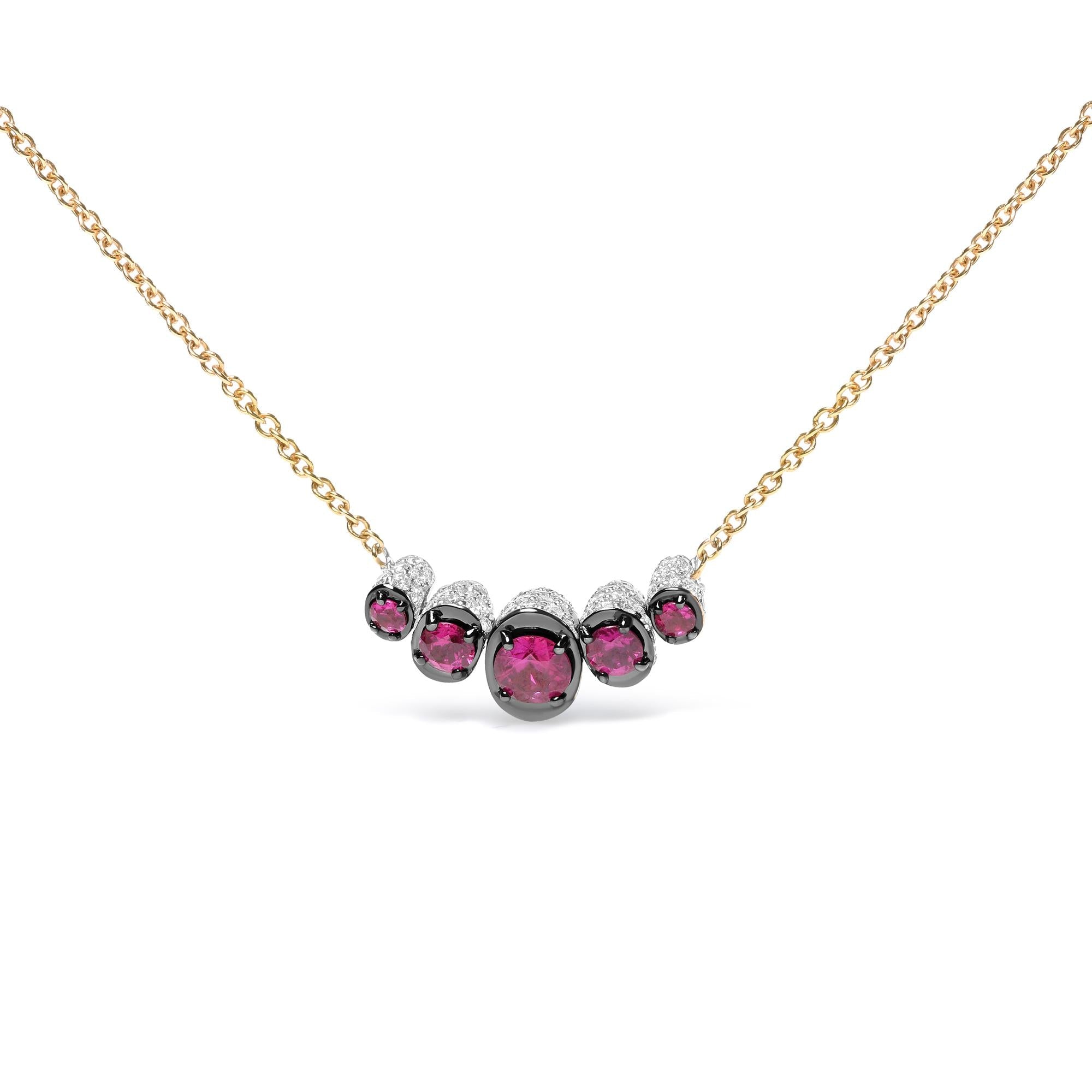 18K Rose Gold 3/4 Cttw Pave Diamonds and Graduated Red Ruby Gemstone Curved Bar Choker Necklace (G-H Color, SI1-SI2 Clarity) - Adjustable up to 14" - 16.5" - Friggin Jewelry