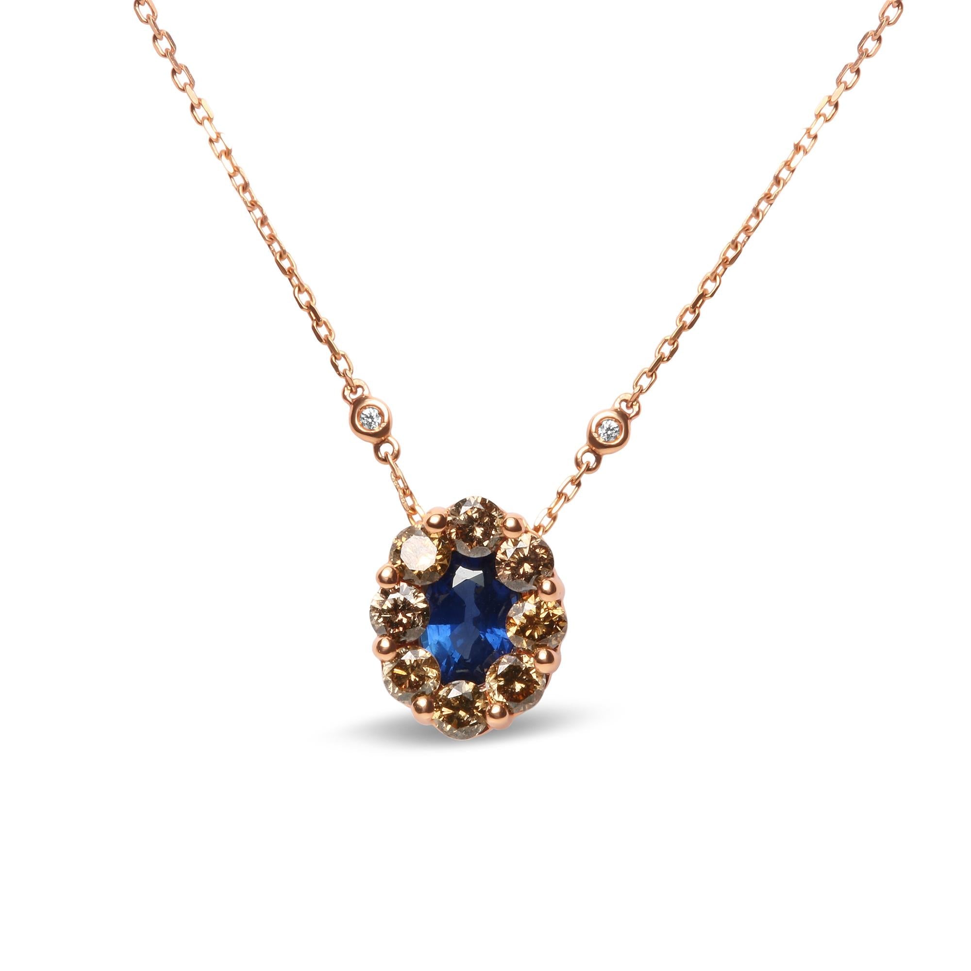 18K Rose Gold 5/8 Cttw White and Brown Diamond Accent and 7 x 4mm Oval Blue Sapphire Gemstone Statement Halo Cluster Pendant Necklace (Brown and G-H Color, - Friggin Jewelry SI1-SI2 Clarity) - Adjustable up to 16" - 18"