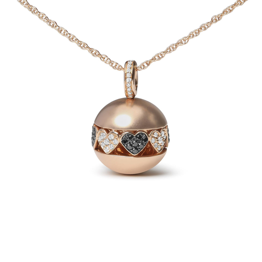 18K Rose Gold 3/8 Cttw Black and White Diamond Ball with Filigree Heart and Cluster Design 18" Pendant Necklace (Black and G-H Color, SI1-SI2 Clarity) - Friggin Jewelry