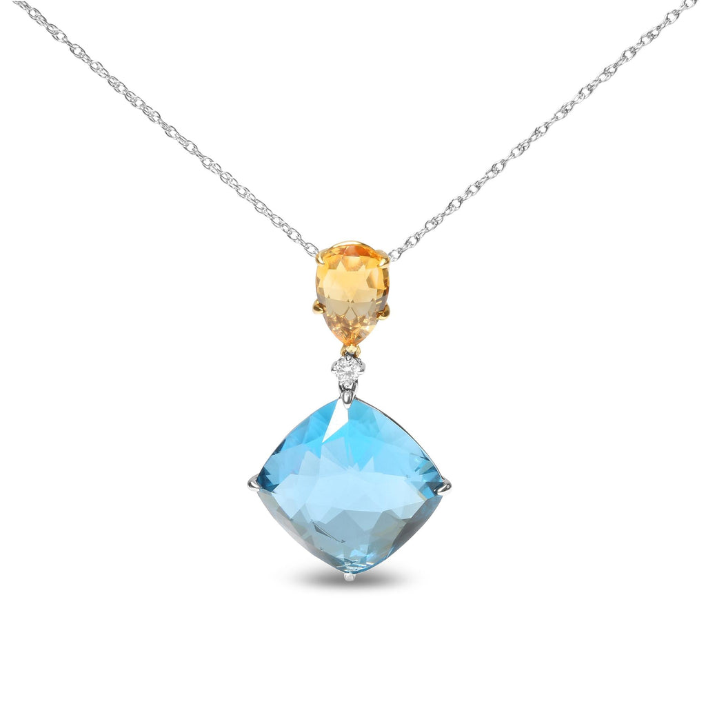 18K White and Yellow Gold Diamond Accent and Yellow Citrine and Sky Blue Topaz Gemstone Dangle Drop 18" Pendant Necklace (G-H Color, SI1-SI2 Clarity) - Friggin Jewelry